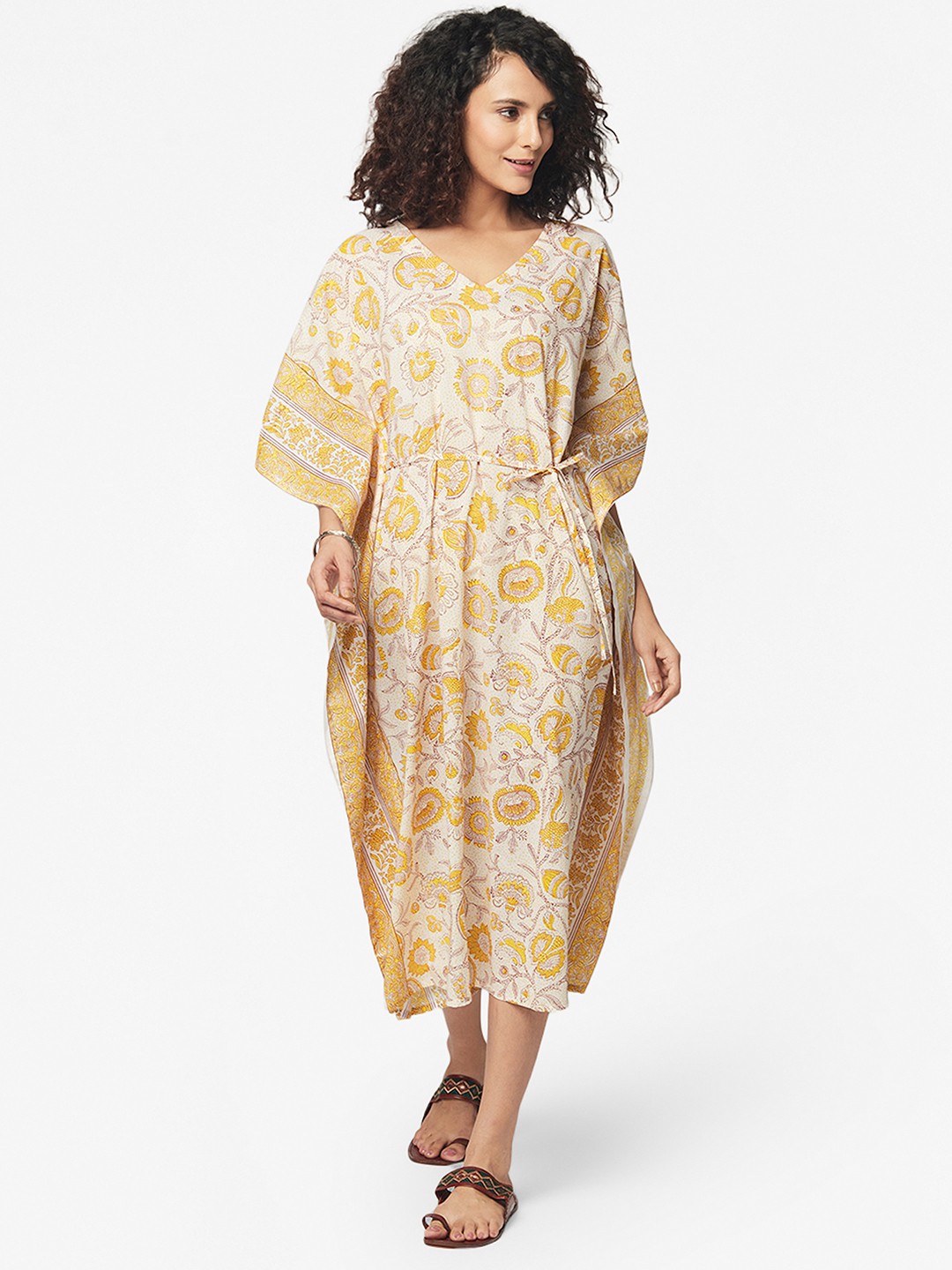 

Fabindia Off White & Yellow Ethnic Motifs Pure Cotton Kaftan Midi Dress