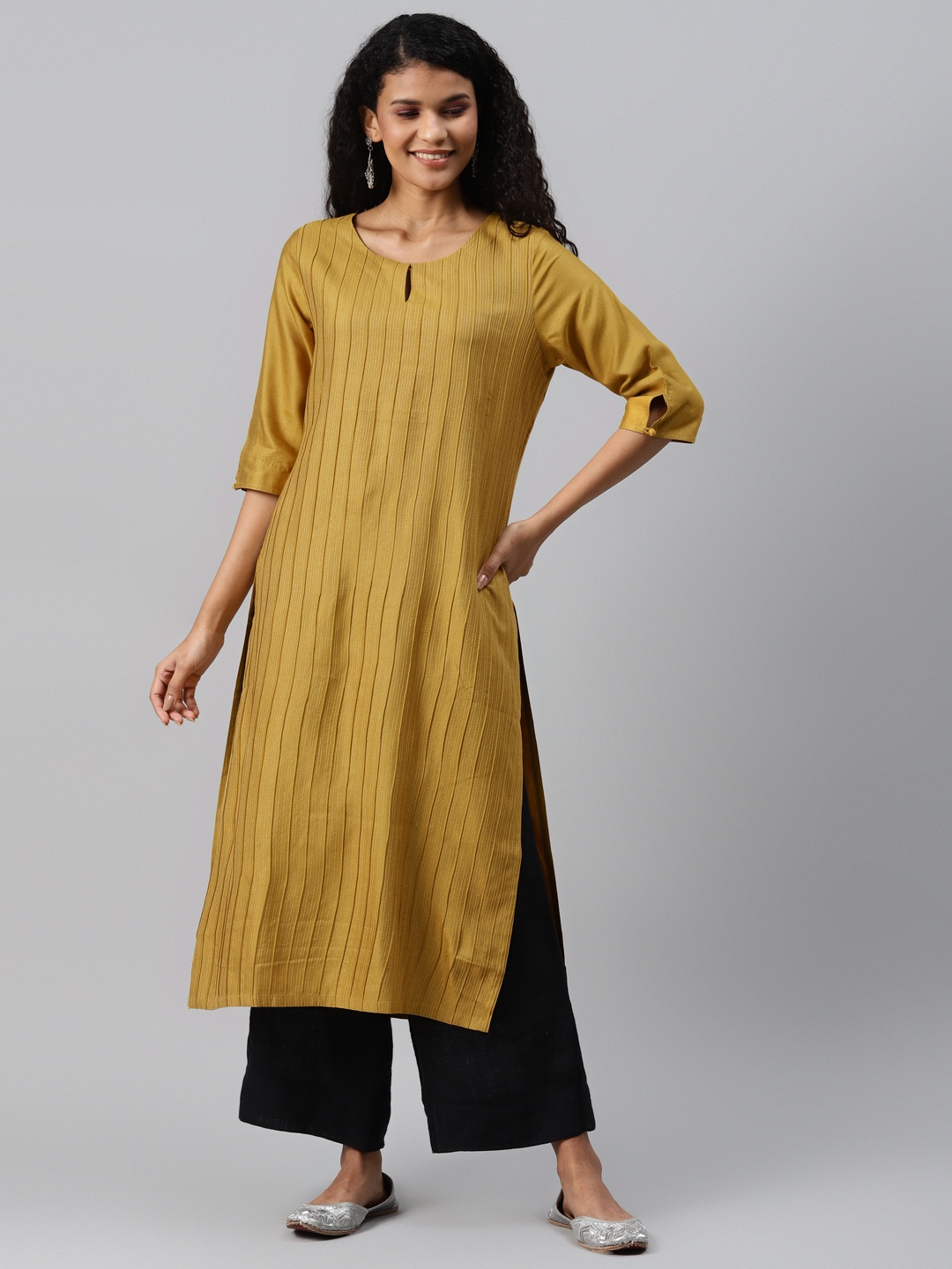 

Fabindia Women Mustard Yellow Striped Keyhole Neck Kurta