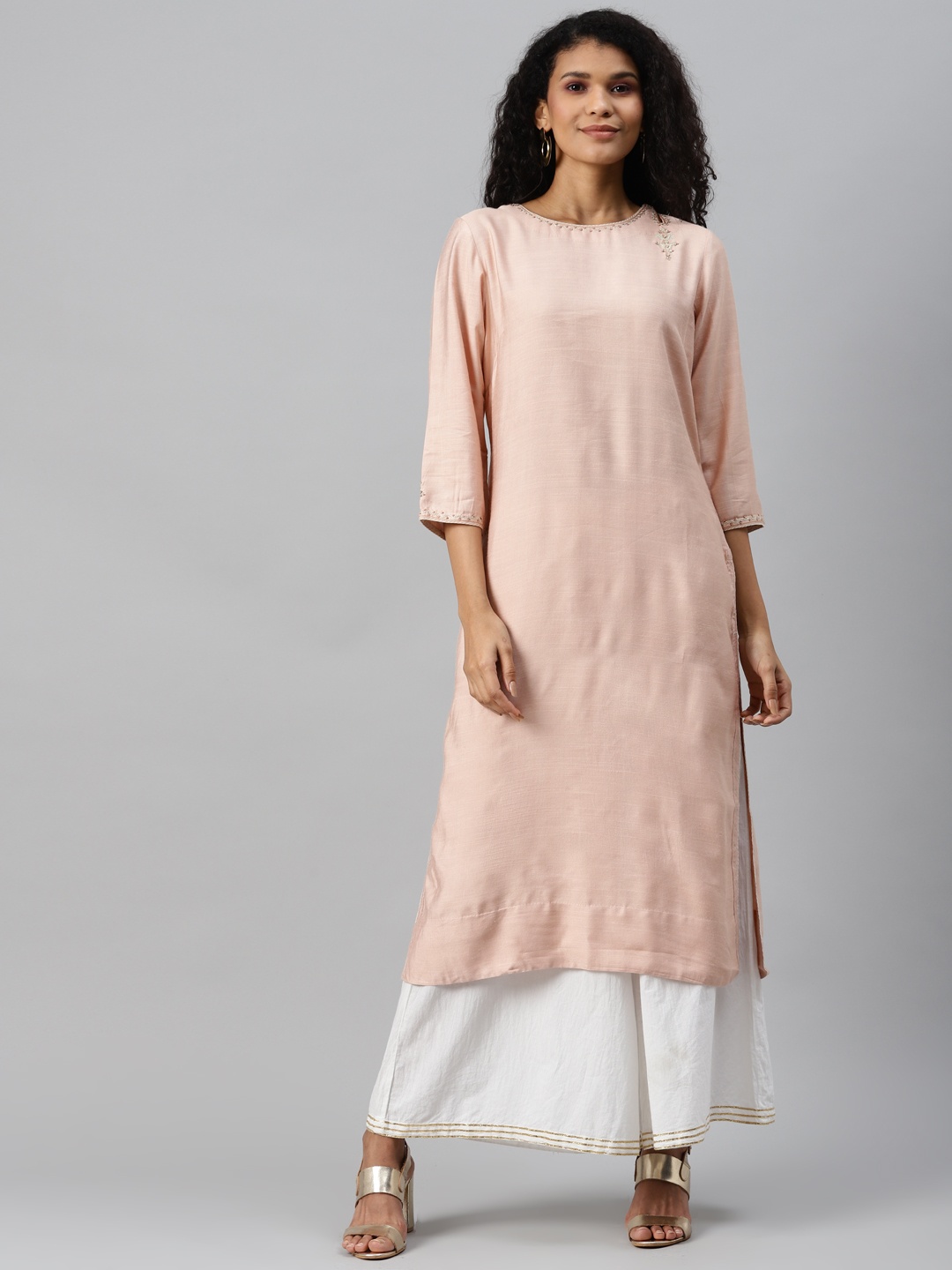 

Fabindia Women Peach-Coloured Tussar Embroidered Awadh Neck Straight Kurta