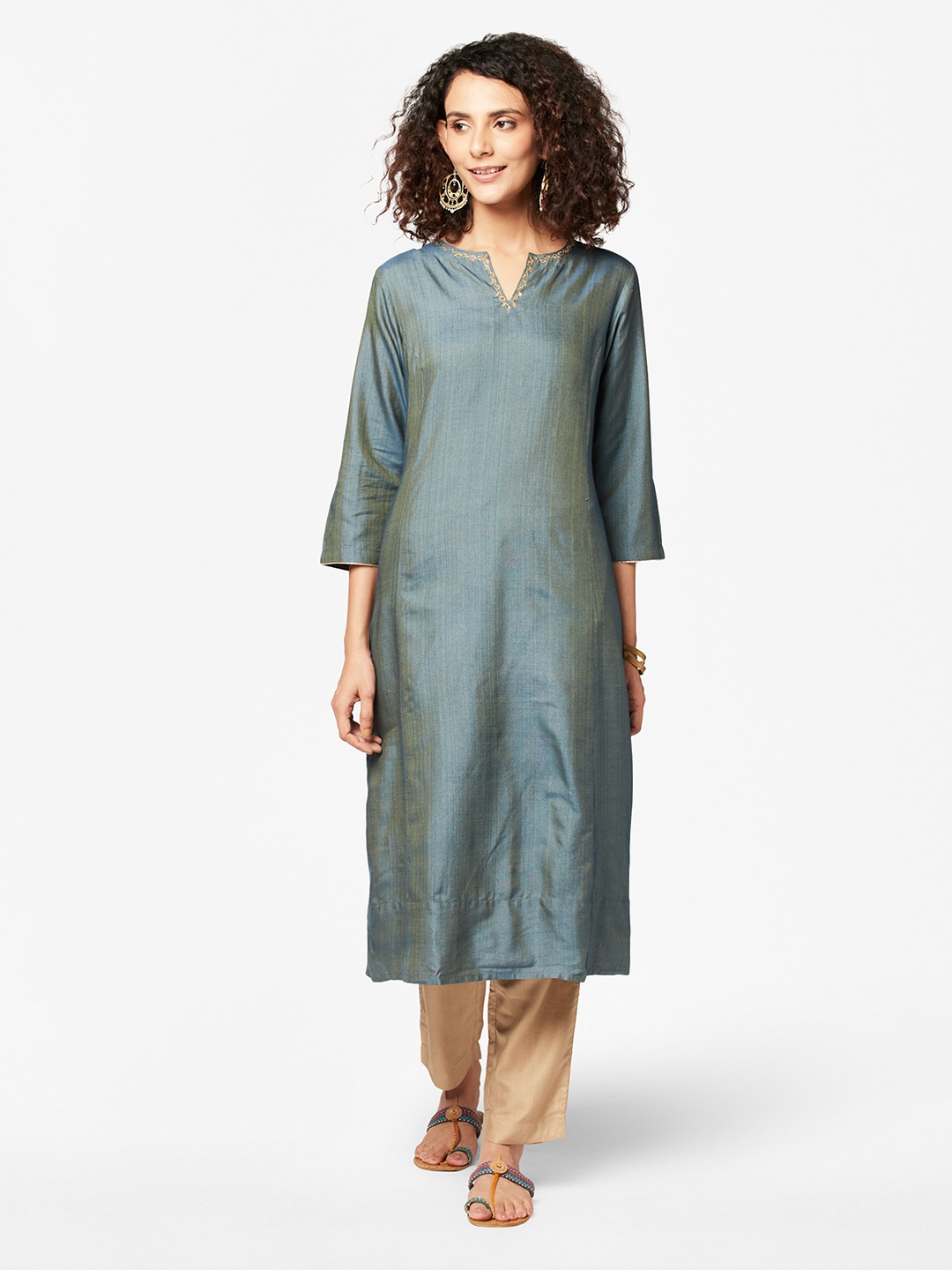 

Fabindia Women Blue Tussar Embroidered Slim Fit Long A-Line Kurta, Teal