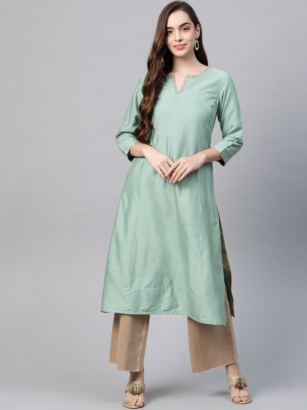 

Fabindia Women Orange Tussar Embroidered Slim Fit Long A-Line Kurta