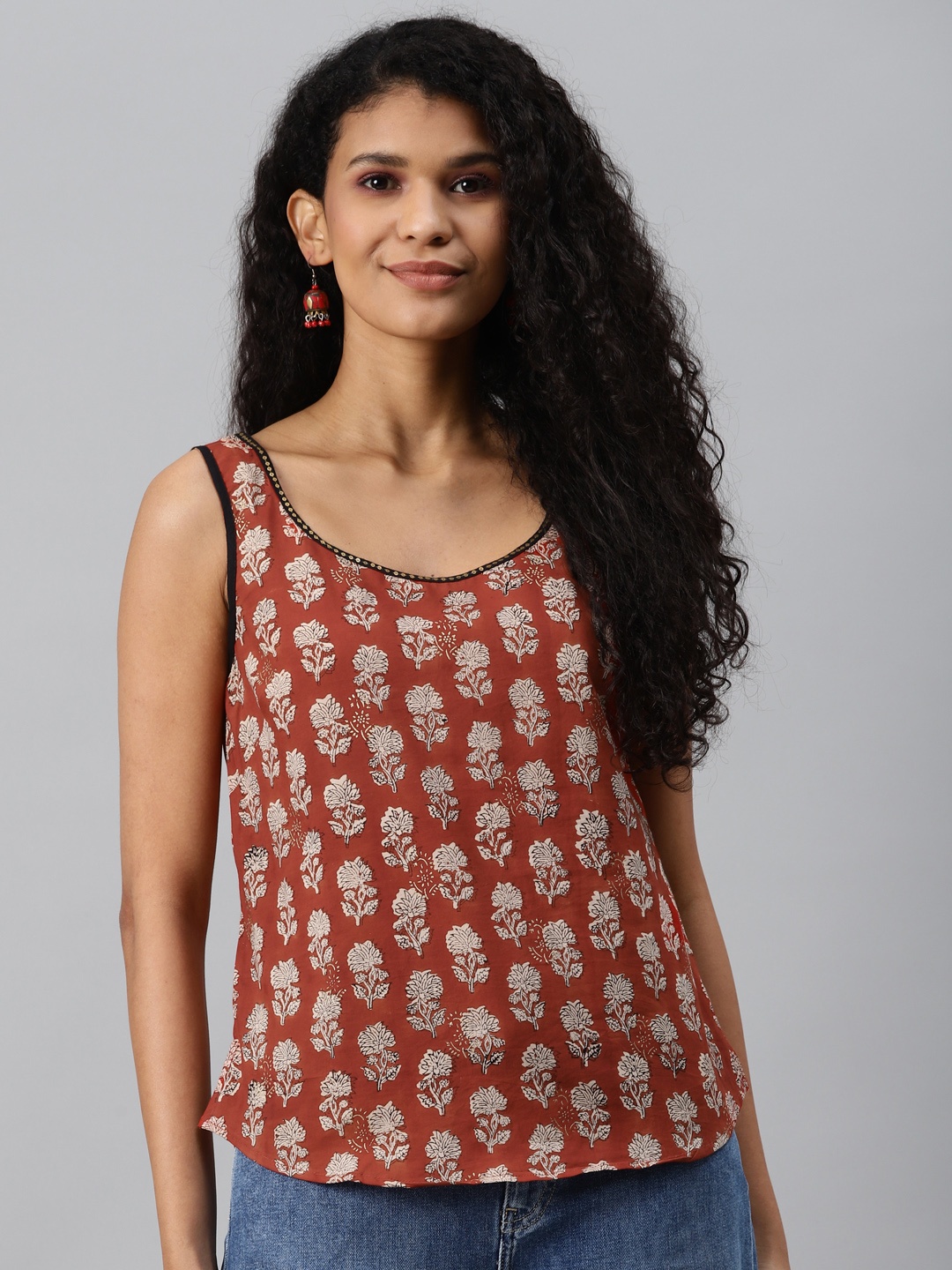 

Fabindia Rust Orange & Off White Cotton Bagru Print Sequin Top