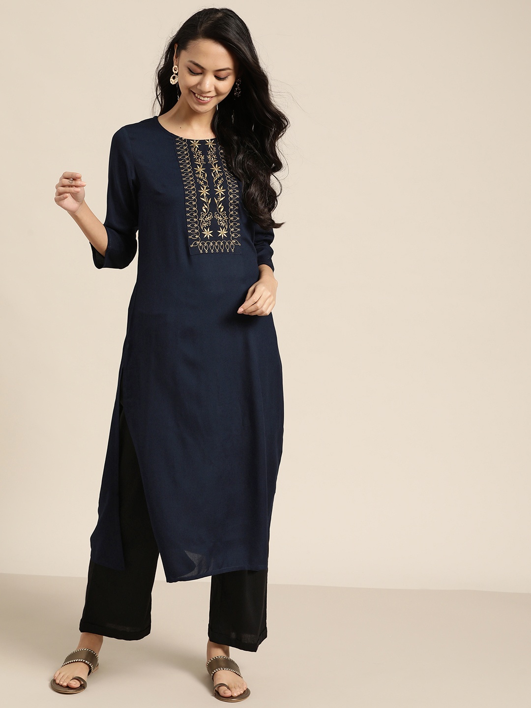 

Sangria Women Navy Blue Ethnic Motifs Yoke Design Thread Work Indigo Kurta