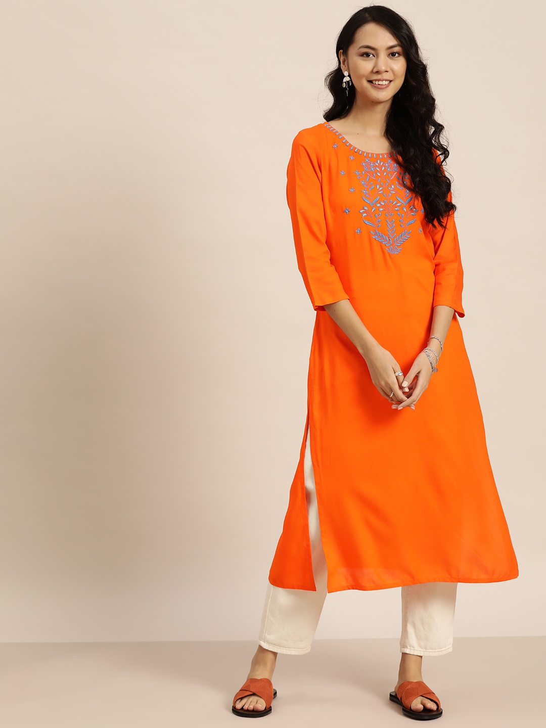 

Sangria Women Orange & Blue Yoke Design Kurta