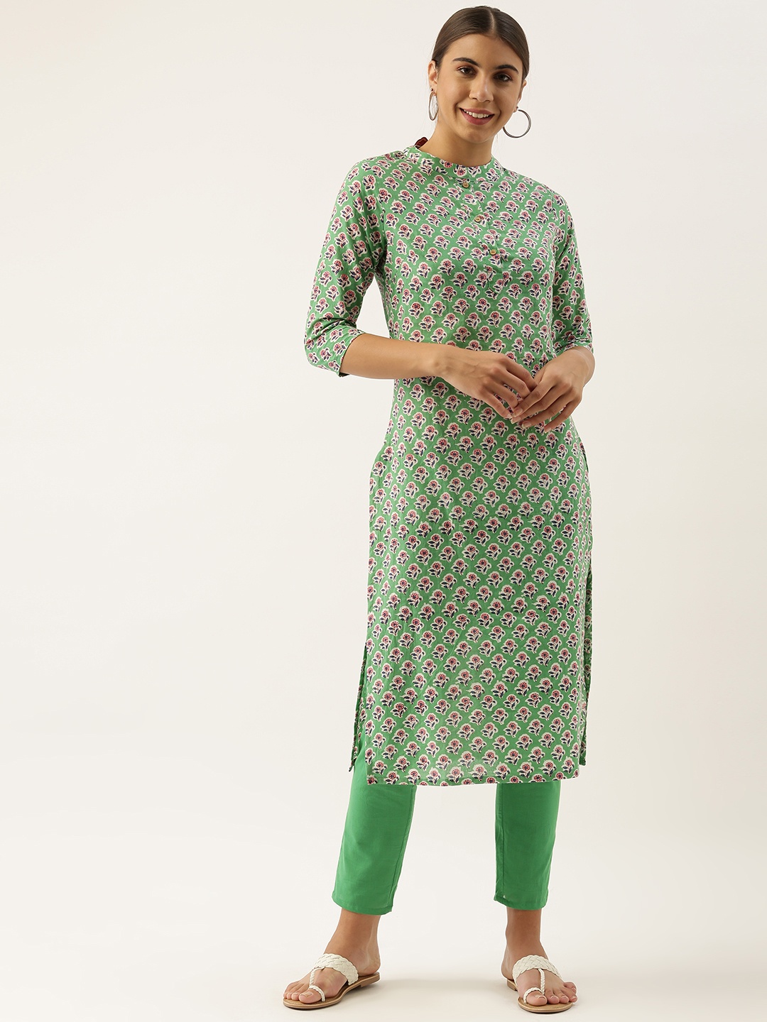 

Sangria Women Green & Pink Ethnic Motifs Printed Pure Cotton Kurta with Trousers