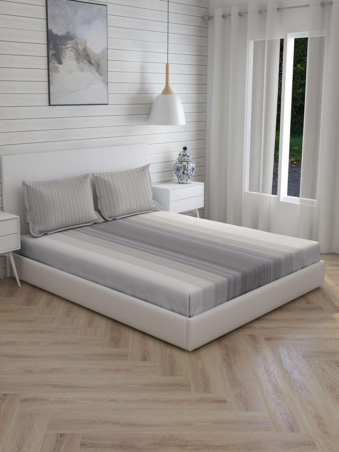 

Boutique Living India Grey Striped 210 TC Cotton 1 King Bedsheet with 2 Pillow Covers