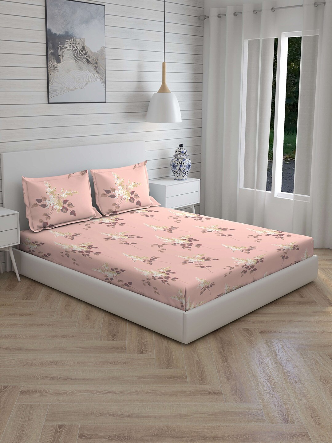 Boutique Living India Pink Floral 210 TC Cotton 1 King Bedsheet with 2 Pillow Covers