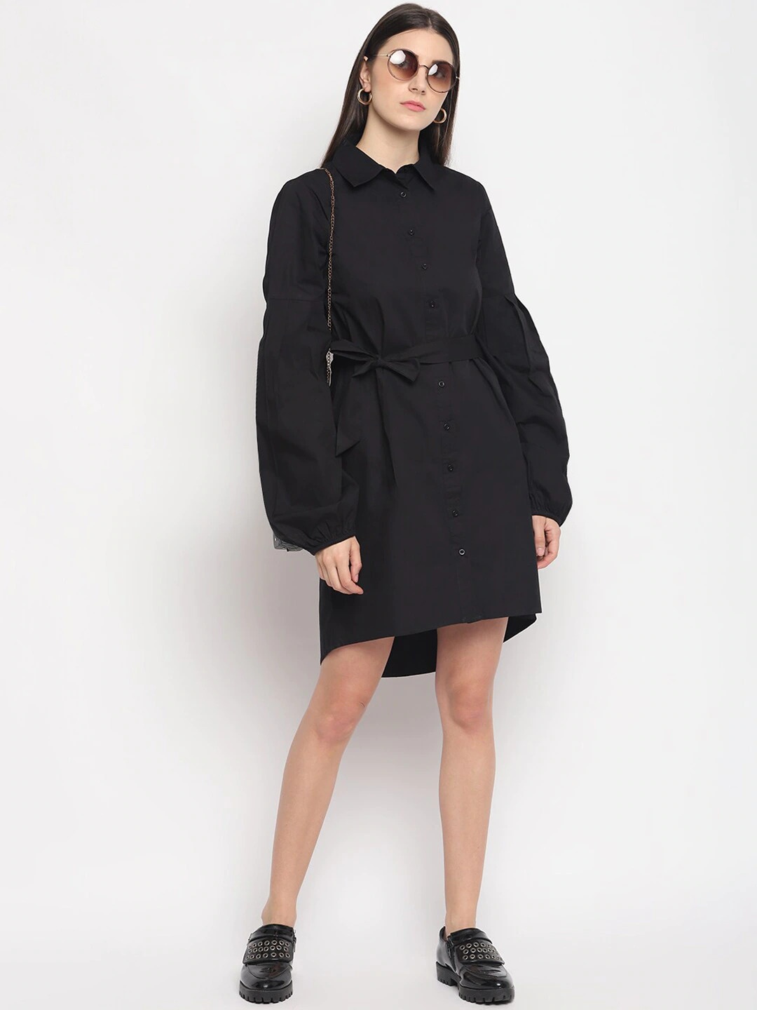 

OTORVA Women Pure Cotton Black Solid Shirt Dress with Belt