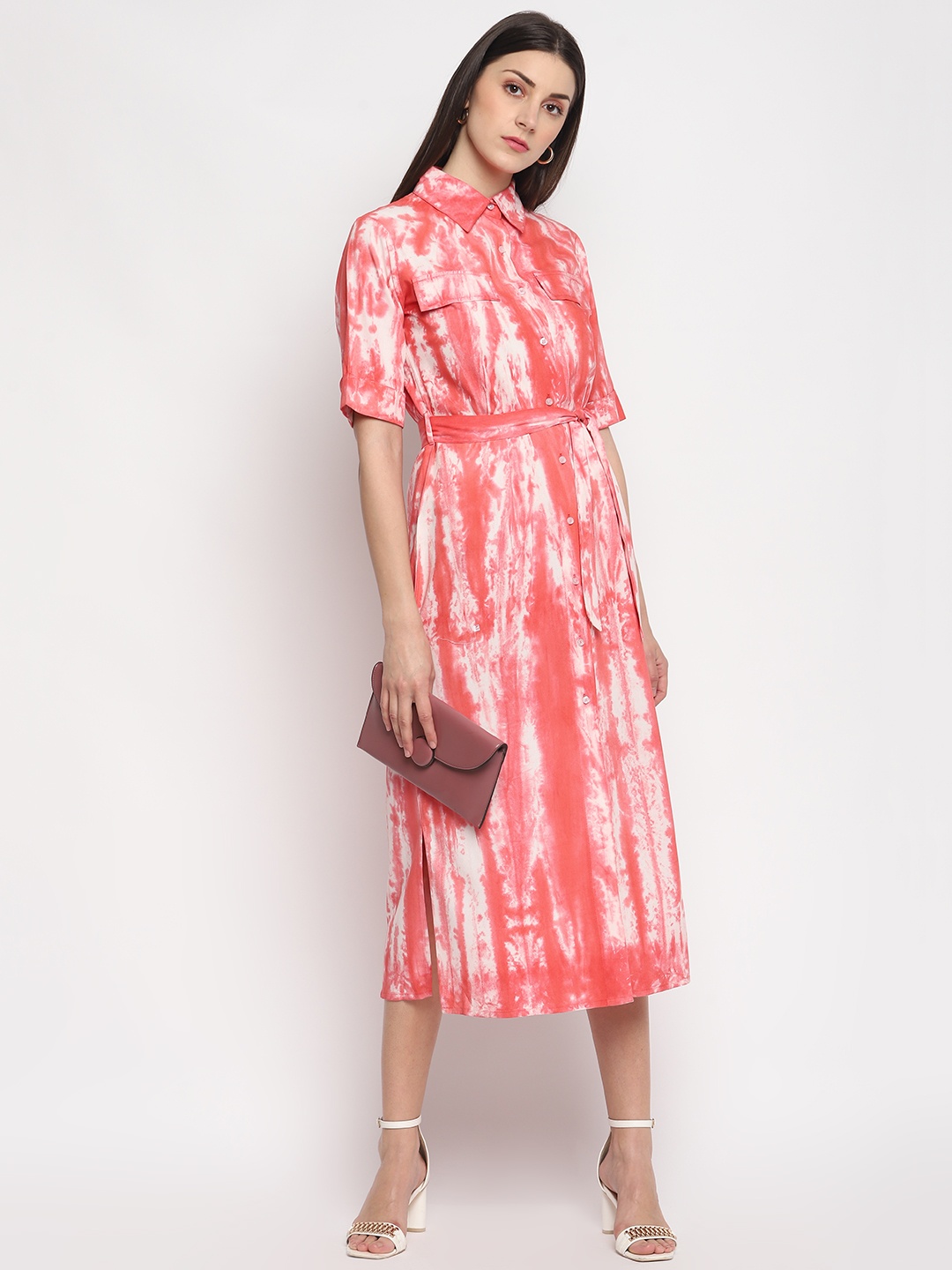 

OTORVA Women Rayon Rust Red White Printed A-Line Dress with Belt