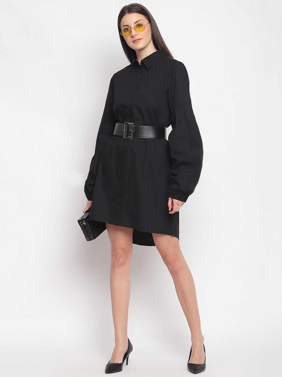 

OTORVA Women Cotton Black Solid Shirt Dress & Belt