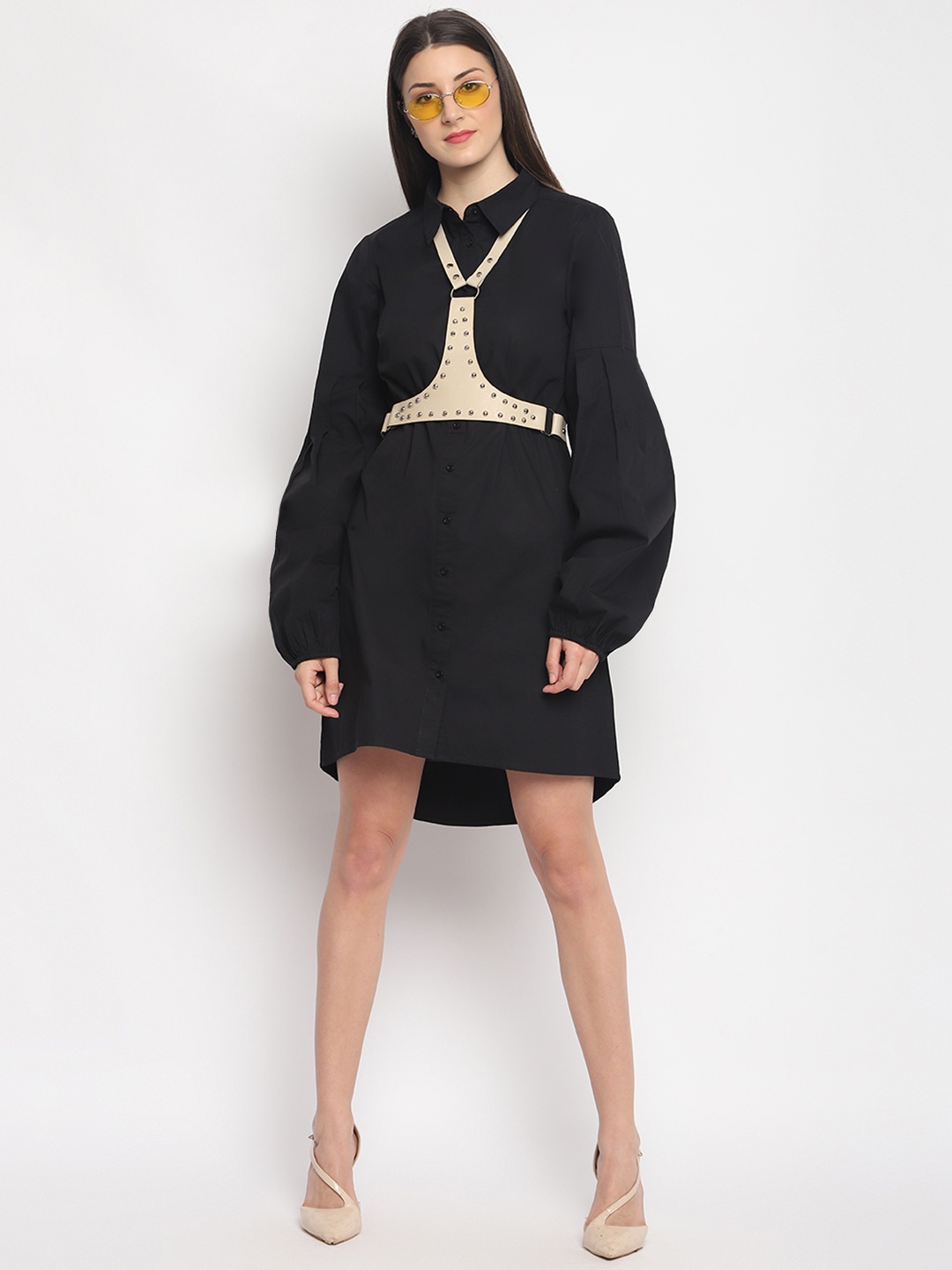 

OTORVA Women Black Cotton Solid Shirt Dress with Belt