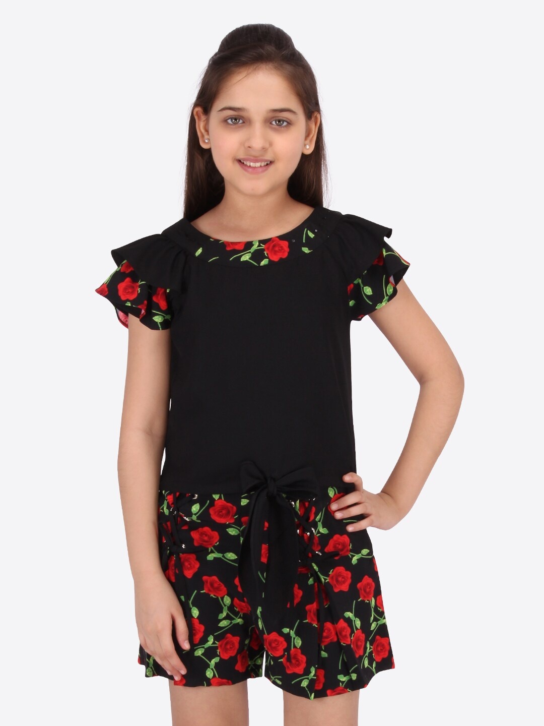 

CUTECUMBER Girls Black & Red Printed Top with Shorts