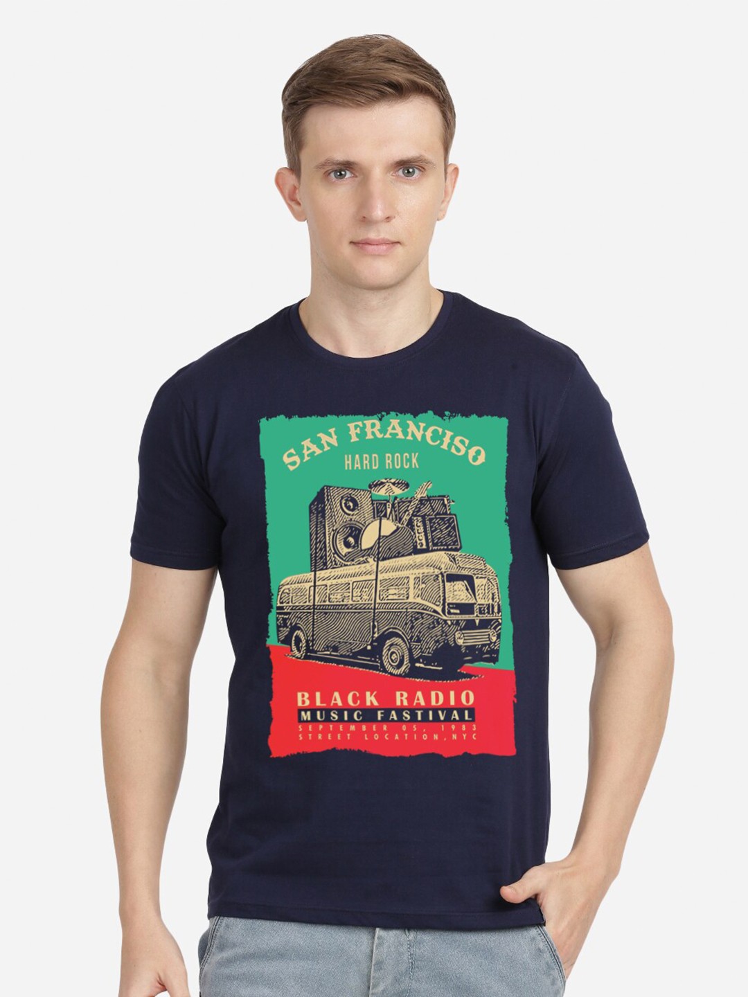 

MASH UNLIMITED Men Navy Blue & Green Printed Round Neck T-shirt