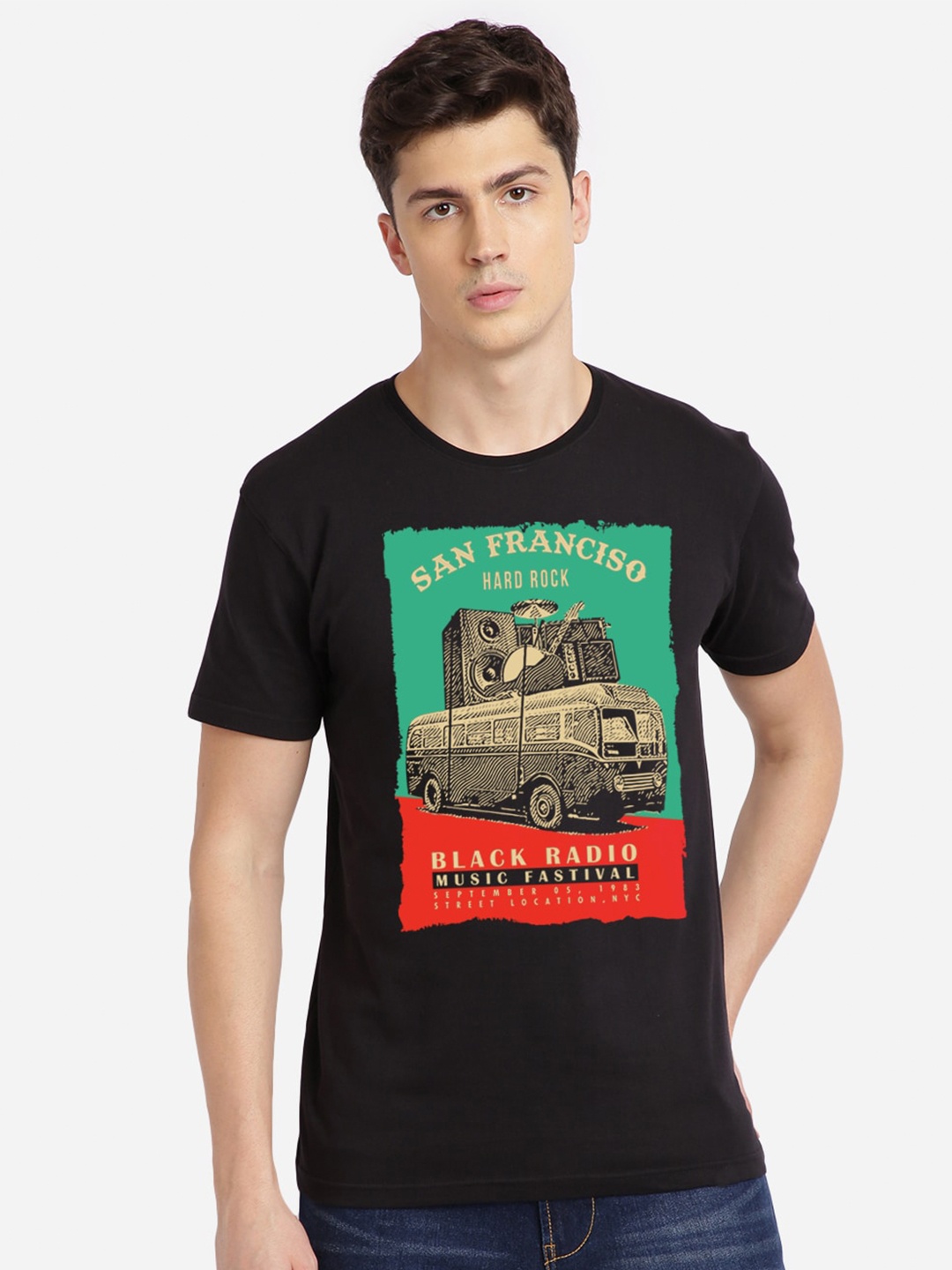 

MASH UNLIMITED Men Black & Green Printed Round Neck T-shirt