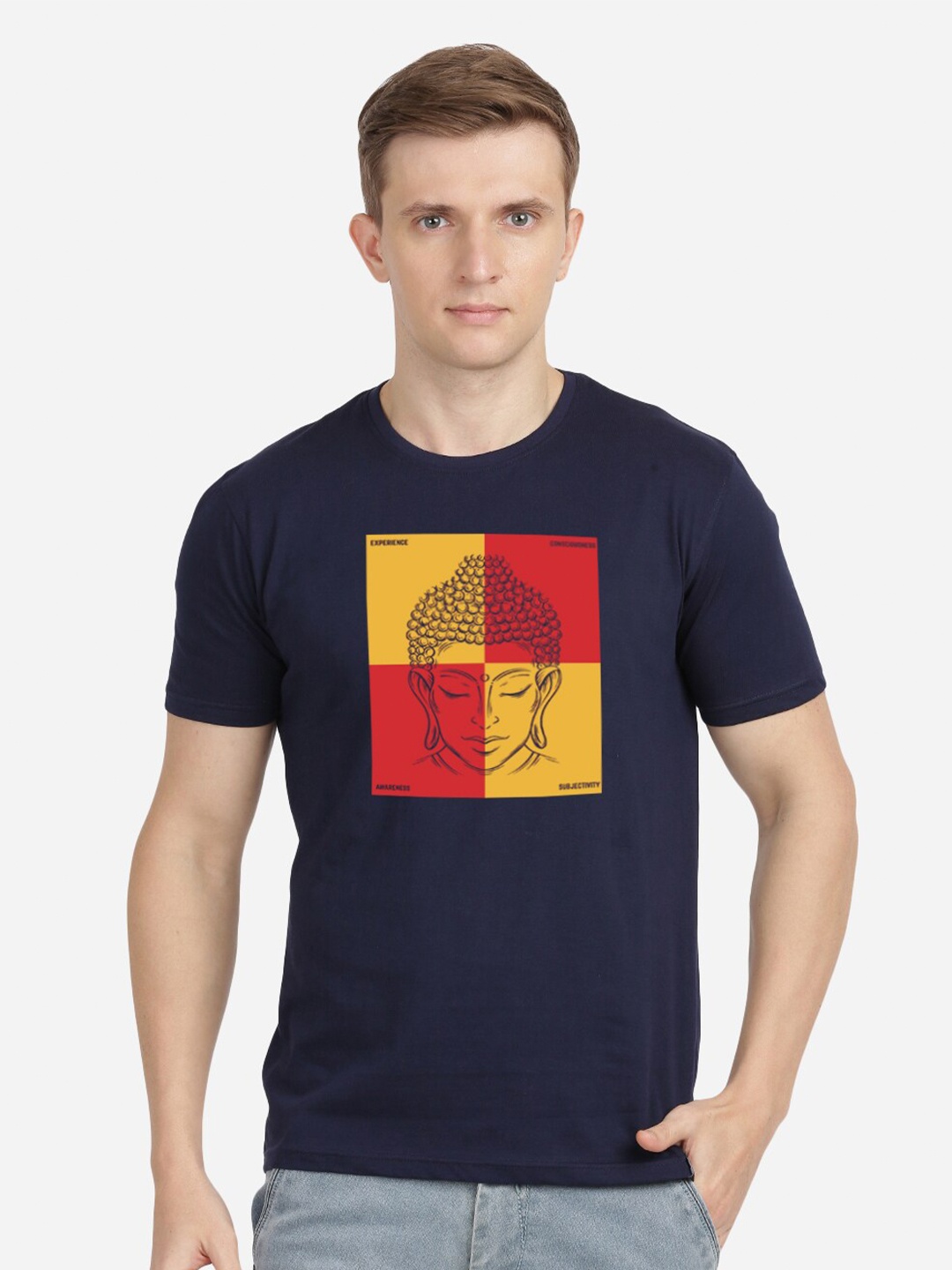 

MASH UNLIMITED Men Navy Blue & Yellow Printed Round Neck T-shirt
