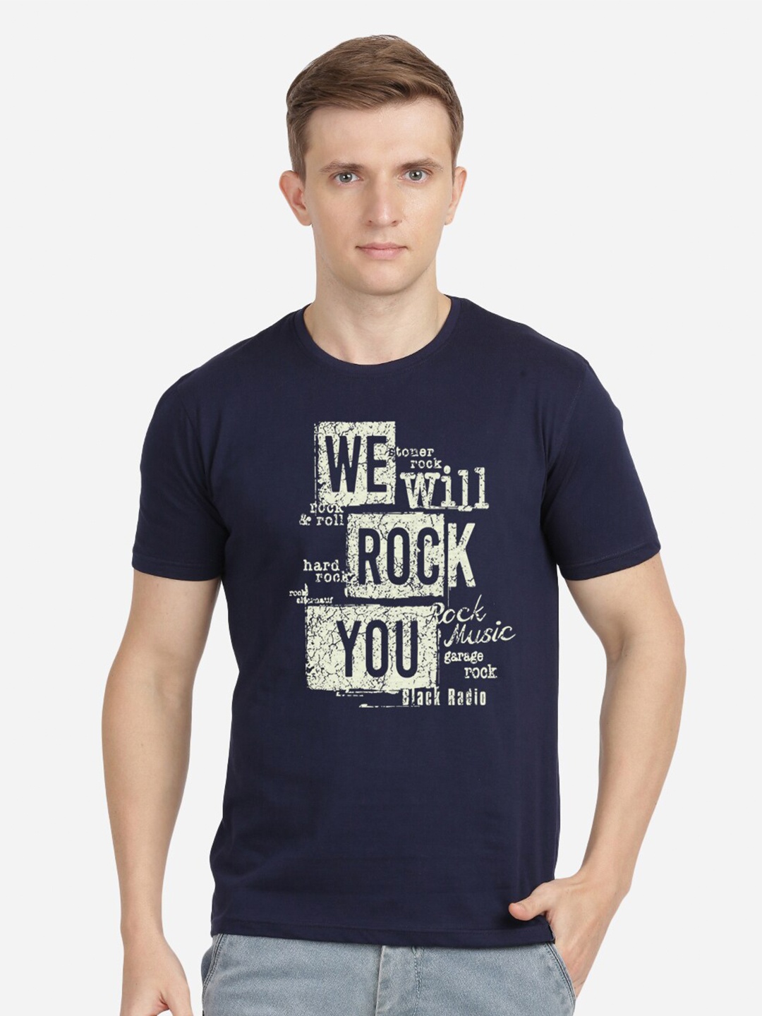 

MASH UNLIMITED Men Navy Blue & Grey Printed Round Neck T-shirt