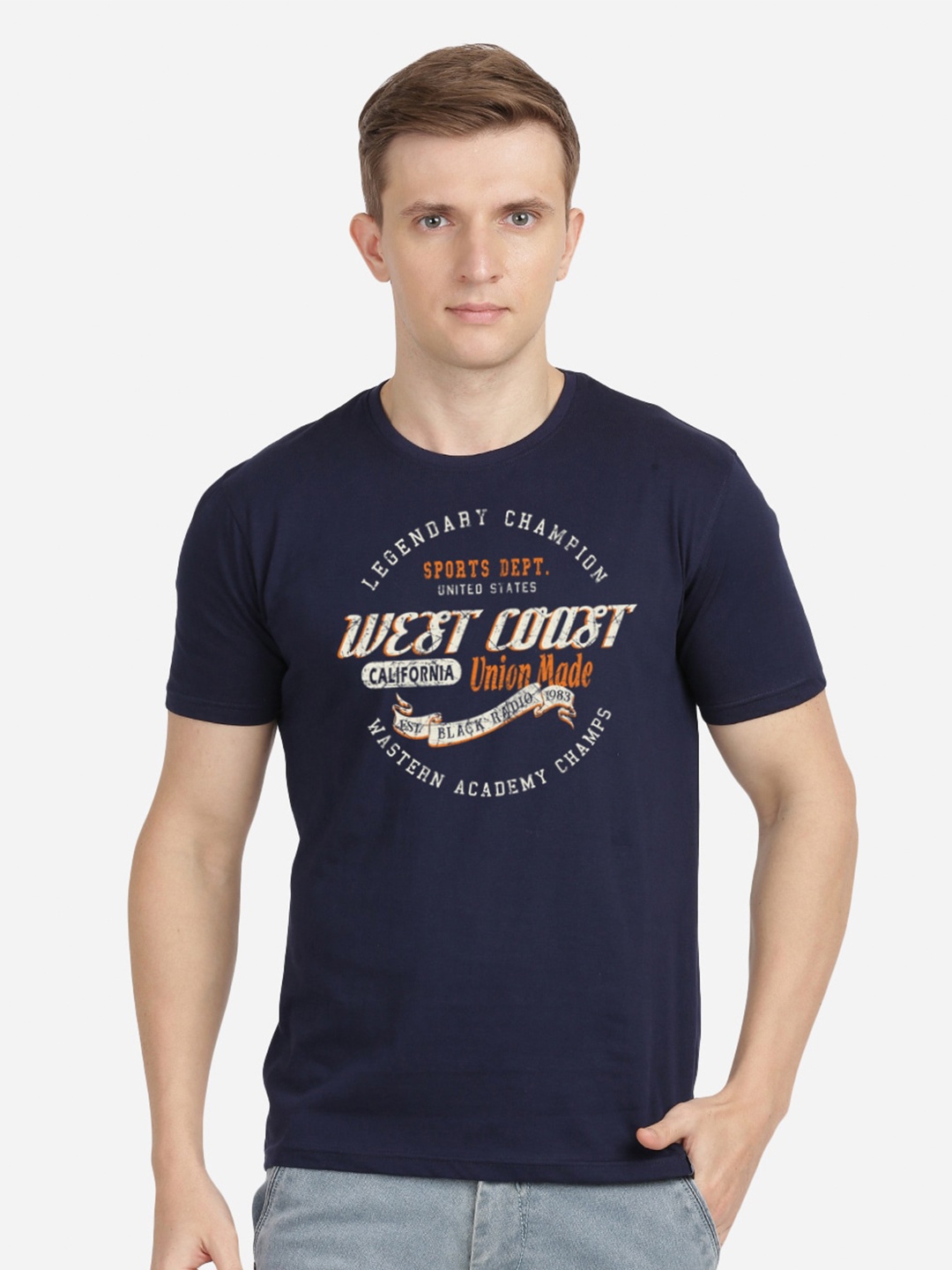 

MASH UNLIMITED Men Navy Blue Printed Round Neck T-shirt