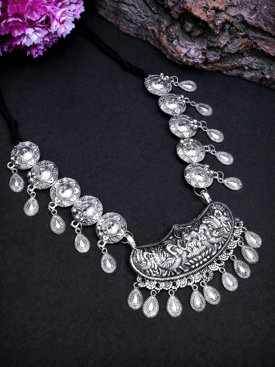 

Crunchy Fashion Silver-Toned & Black Alloy Silver-Plated Oxidised Necklace