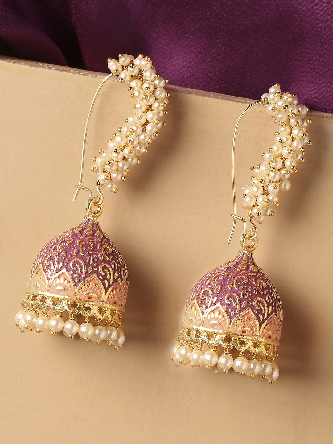 

OOMPH Gold-Toned & Pink Meenakari Enamel Pearls Ethnic Jhumka