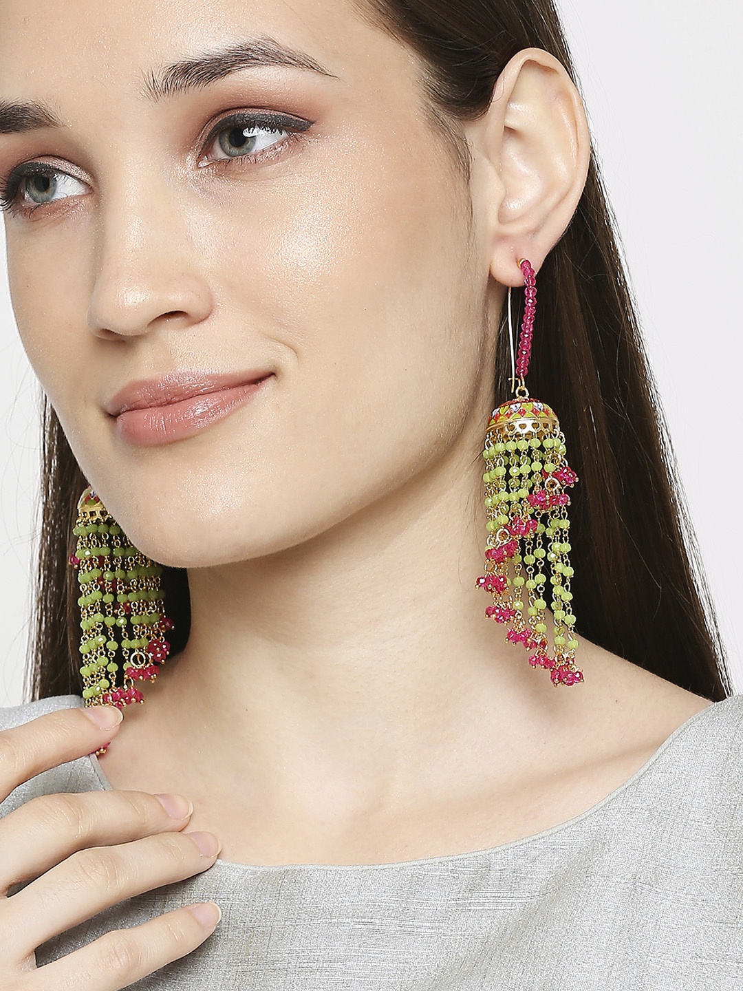 

OOMPH Pink & Lime Green Classic Tasselled Jhumkas