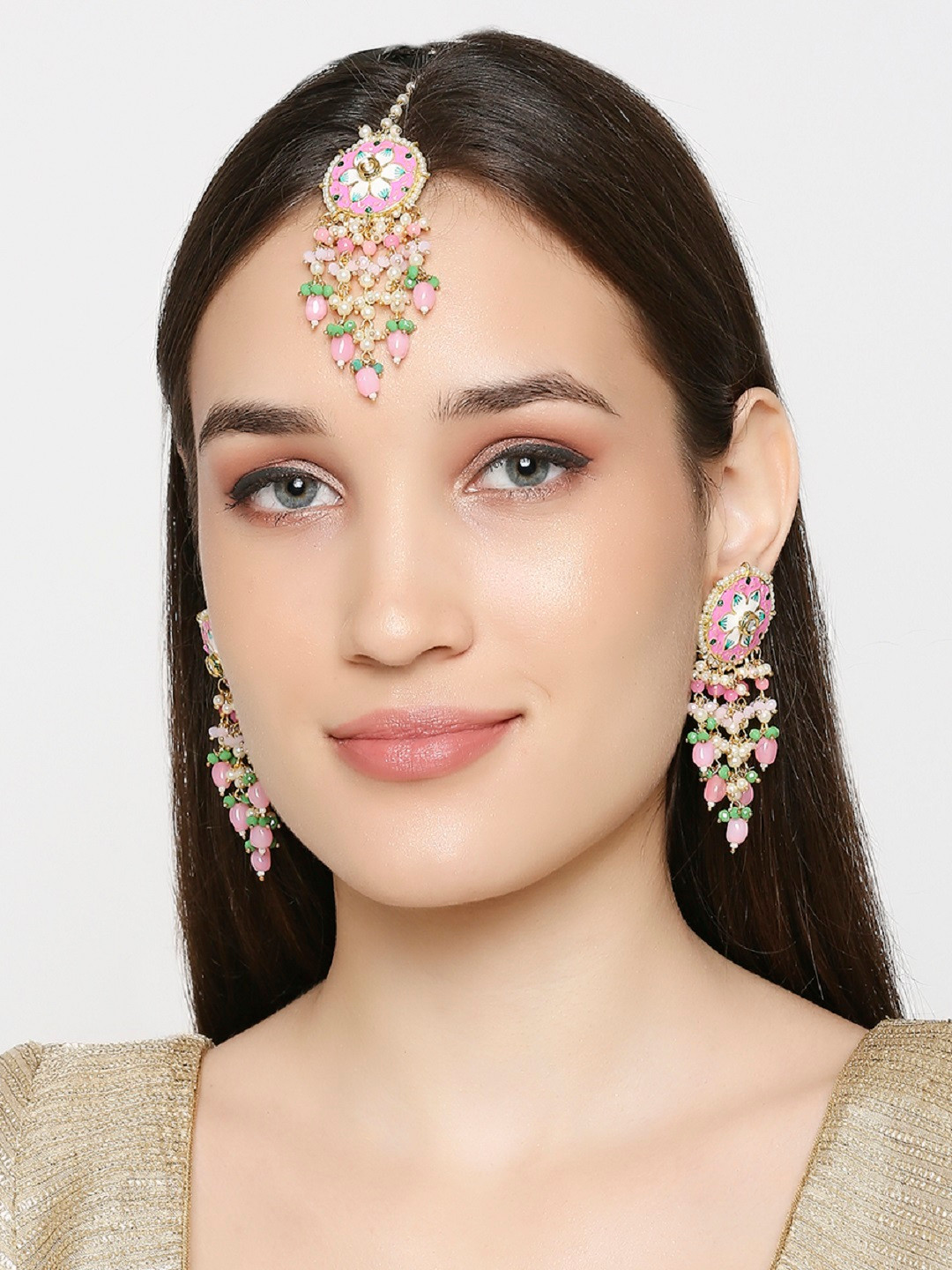 

OOMPH Pink & White Meenakari Kundan Studded & Beaded Jewellery Set