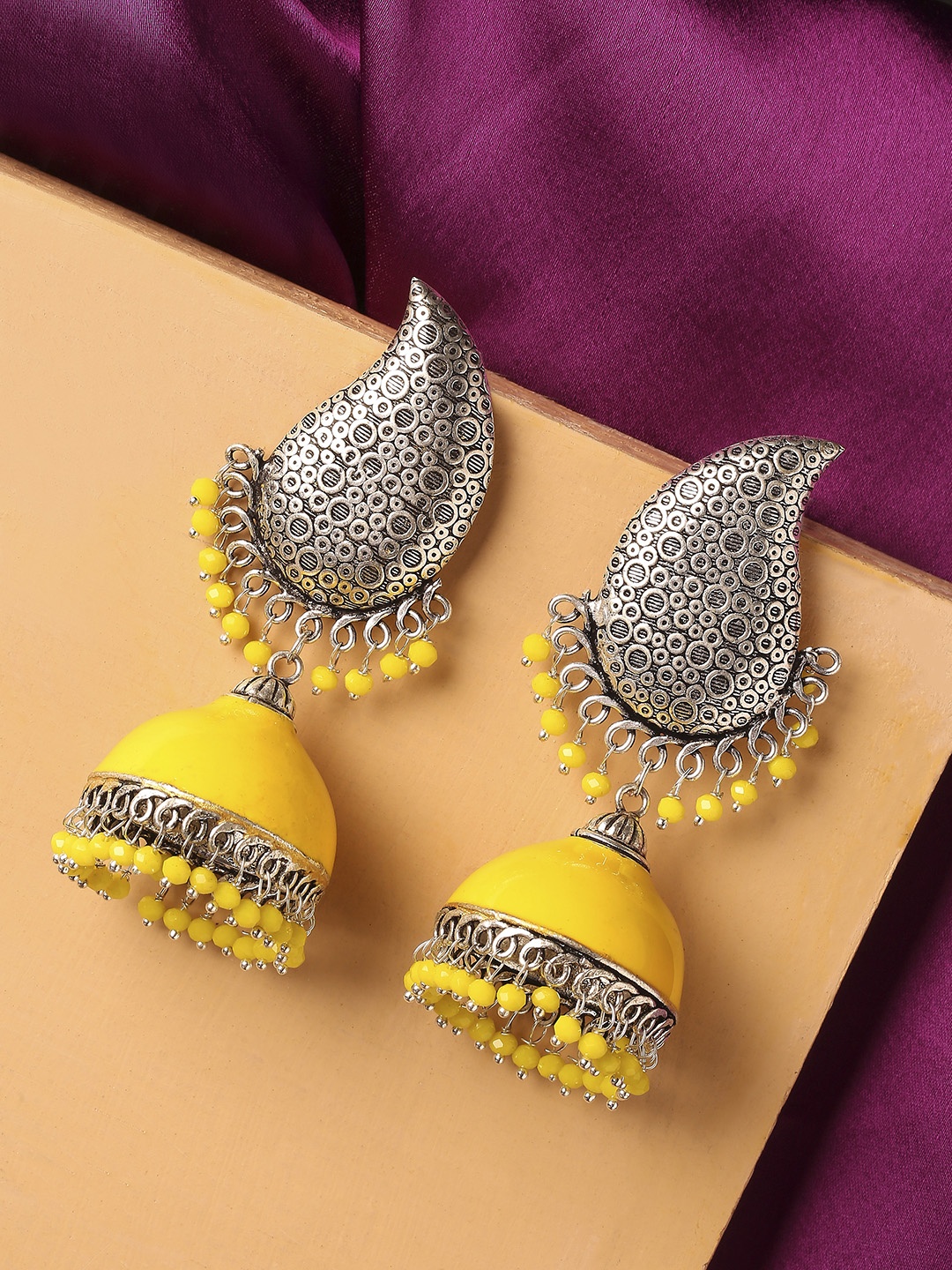 

OOMPH Yellow & Silver-Toned Meenakari Enamelled Oxidised Contemporary Jhumkas