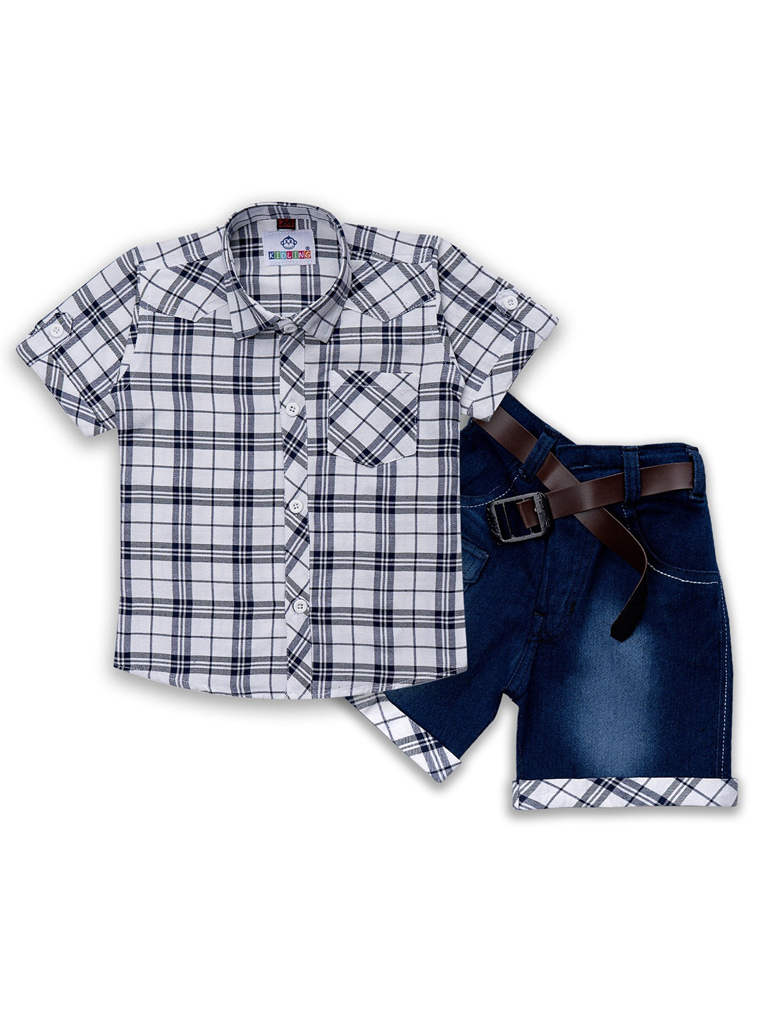 

Kidling Boys White & Blue Checked Shirt with Denim Shorts