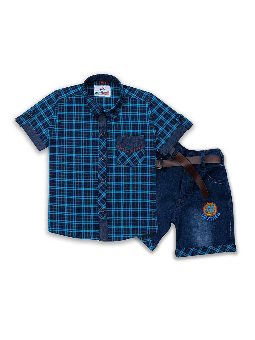 

Kidling Boys Turquoise Blue & Blue Checked Shirt with Denim Shorts
