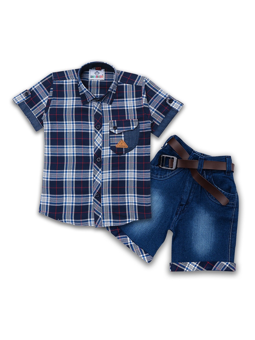 

Kidling Boys Navy Blue & White Checked Shirt with Denim Shorts