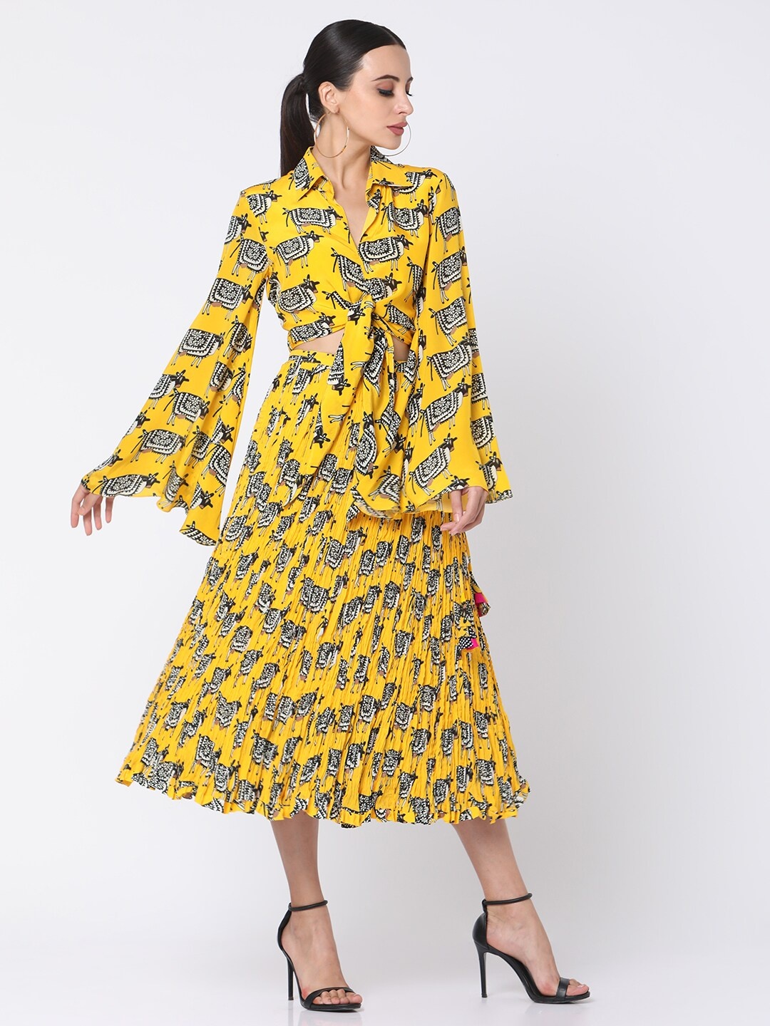 

Masaba Women Yellow & Black Printed Shirt with Skirt