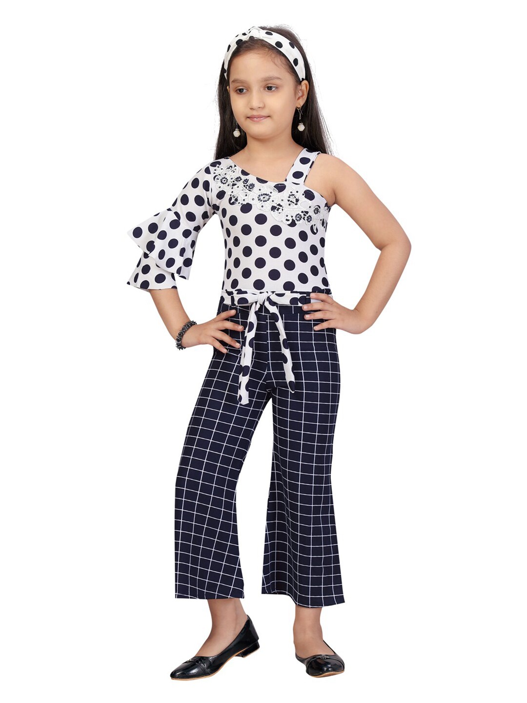 

Aarika Girls Navy Blue & White Printed Basic Jumpsuit