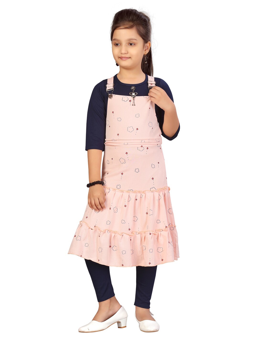 

Aarika Girls Navy Blue & Peach-Coloured Printed Top with Leggings