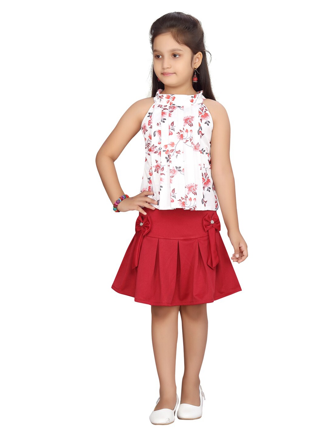 

Aarika Girls White & Maroon Printed Top with Skirt