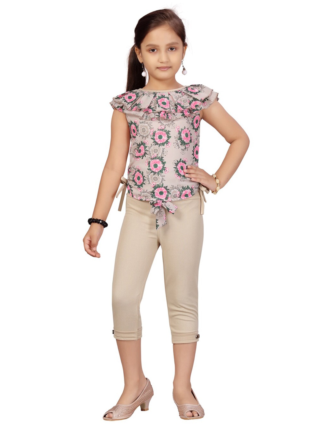 

Aarika Girls Pink & Beige Printed Top with Capris