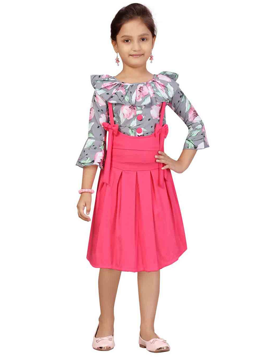 

Aarika Girls Grey & Pink Printed Top with Skirt