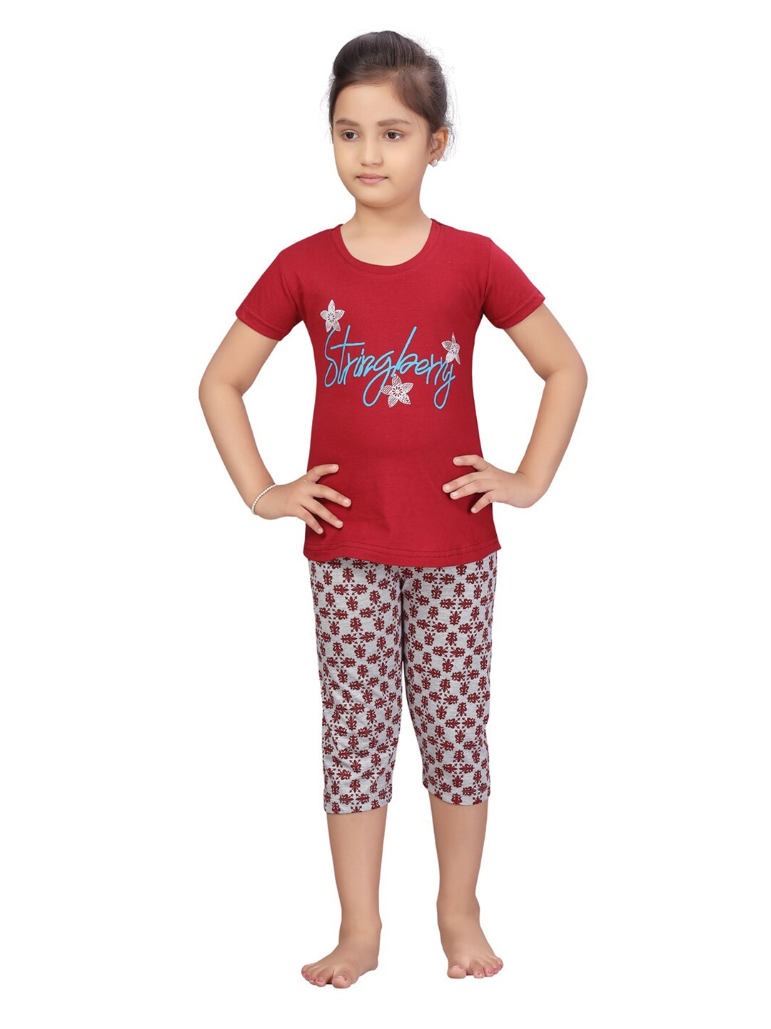 

Aarika Girls Maroon & Grey Printed Night suit