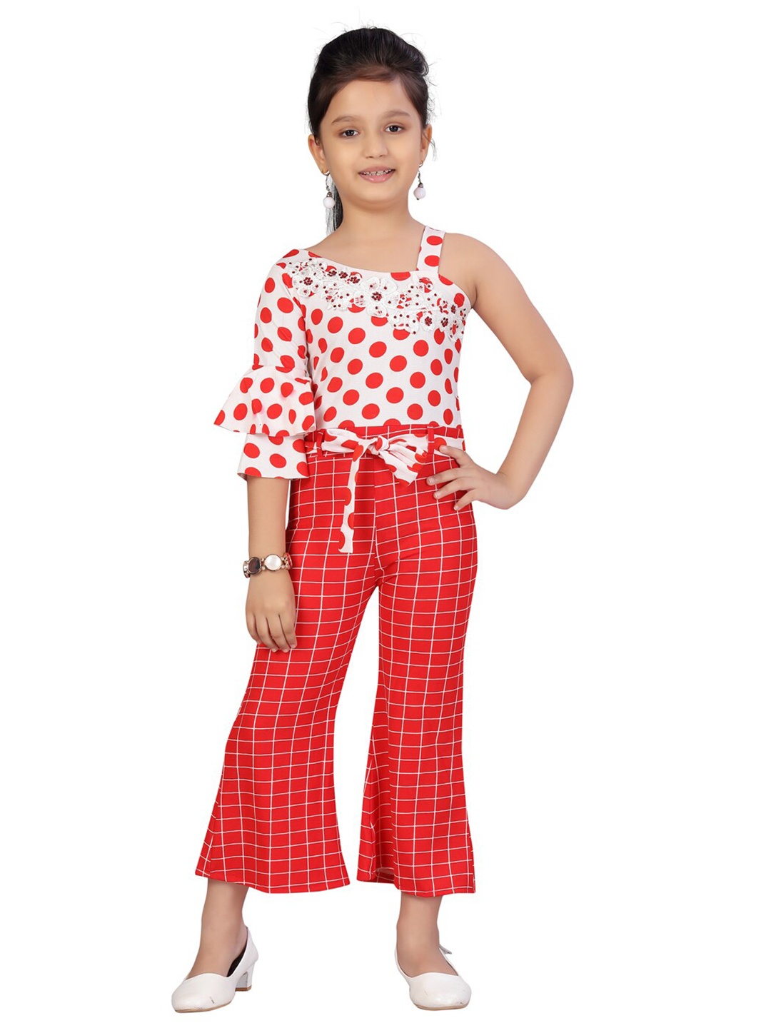 

Aarika Girls Red & White Printed Basic Jumpsuit