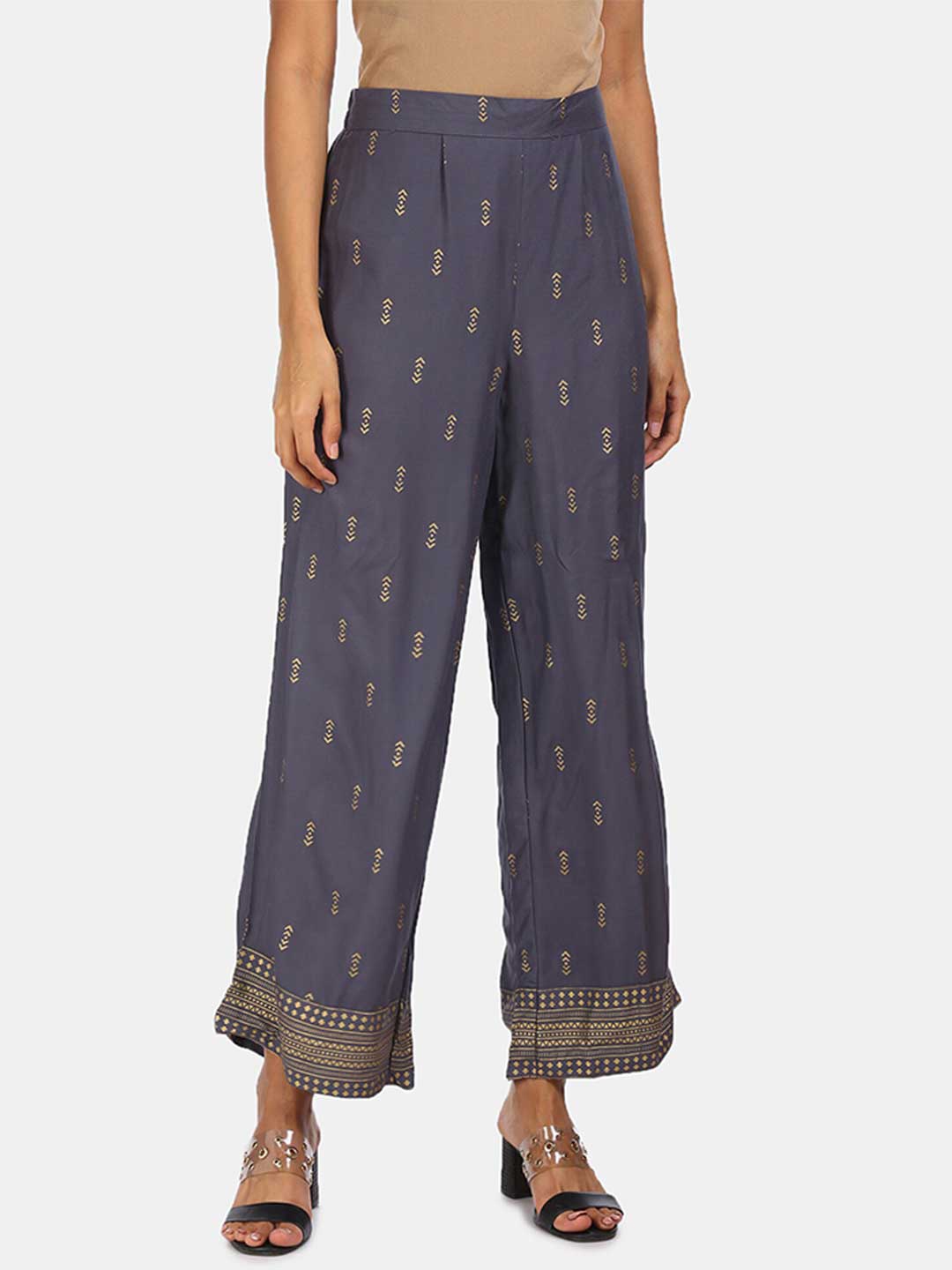 

Karigari Women Grey & Gold-Toned Printed Straight Palazzos