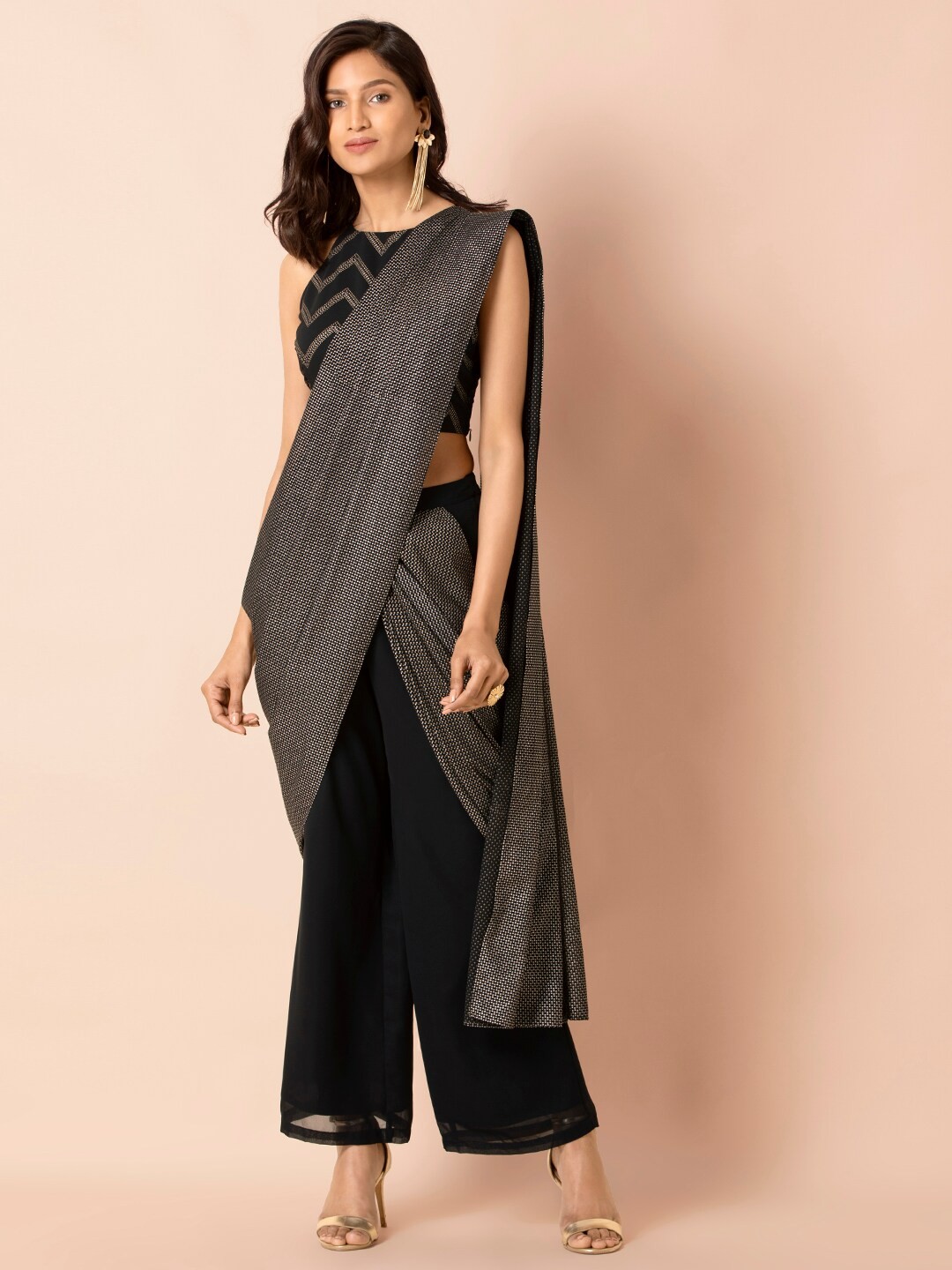 

INDYA Women Black Striped Wide Leg Palazzos with Attached Dupatta