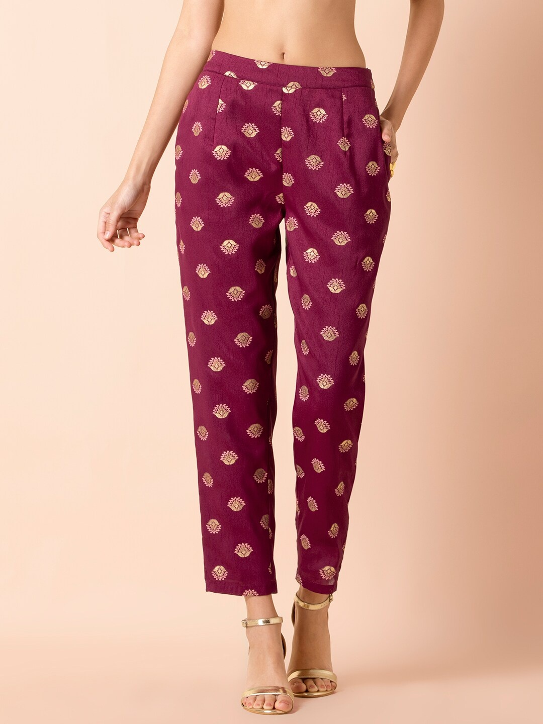 

INDYA Women Burgundy & Gold-Toned Printed Straight Palazzos