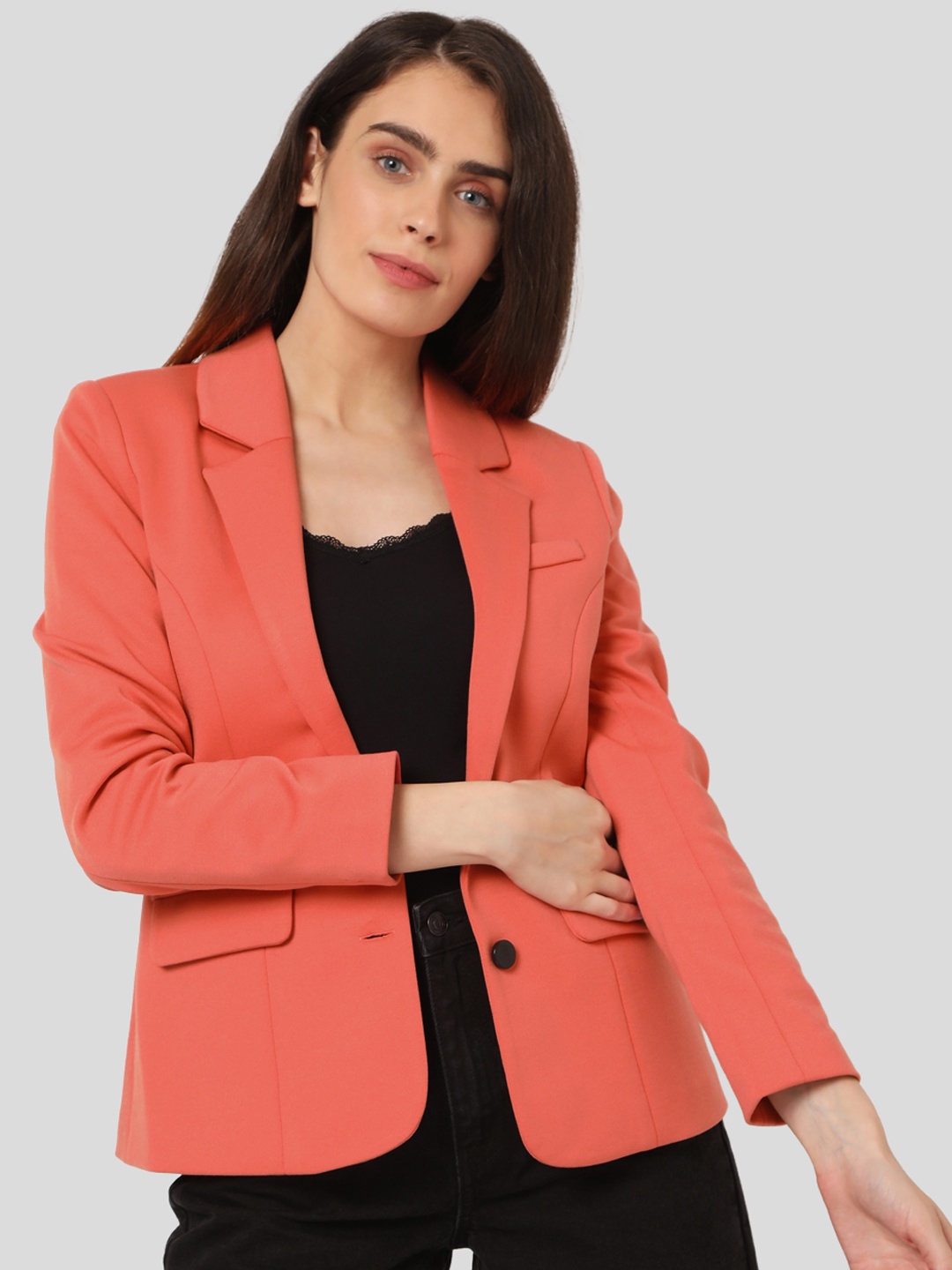 

Vero Moda Women Coral Pink Solid Single-Breasted Casual Blazers