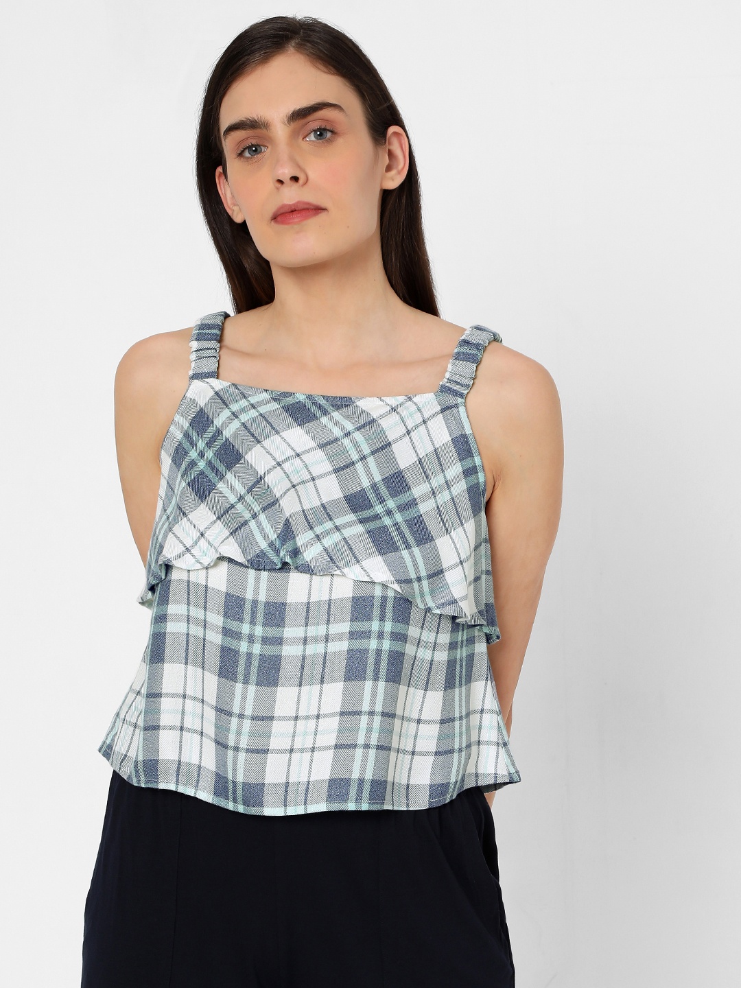 

Vero Moda Women Blue & White Checked Regular Top