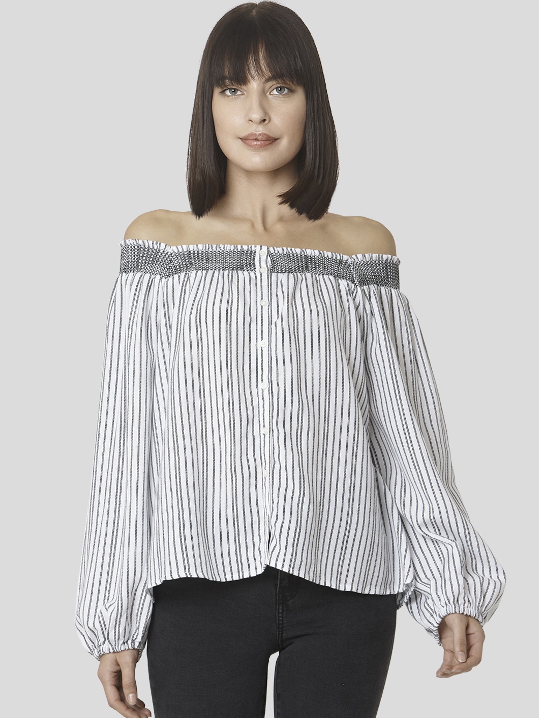

Vero Moda White & Grey Striped Off-Shoulder Blouson Top