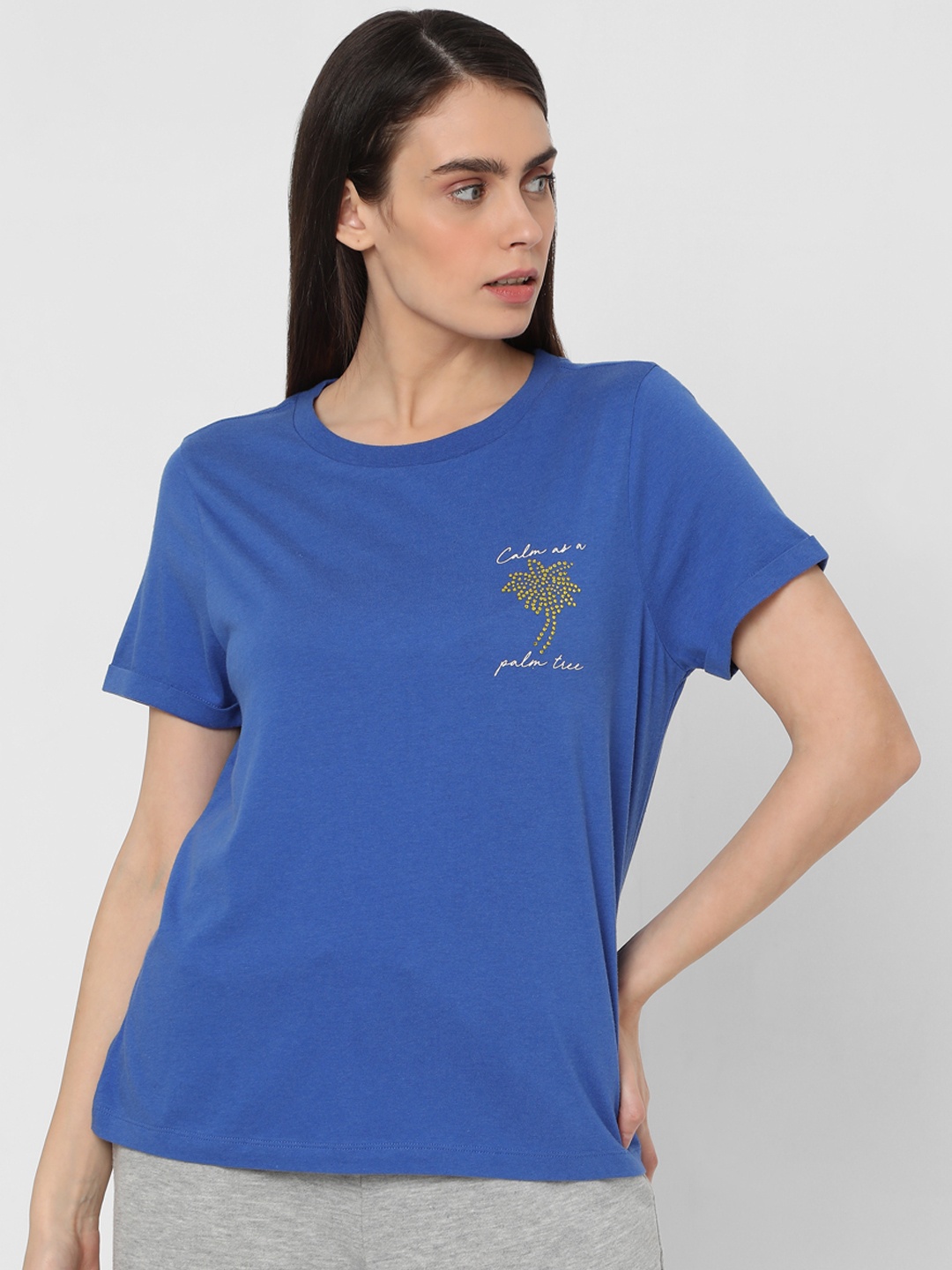 

Vero Moda Women Blue Printed Detail T-shirt with Embellishments