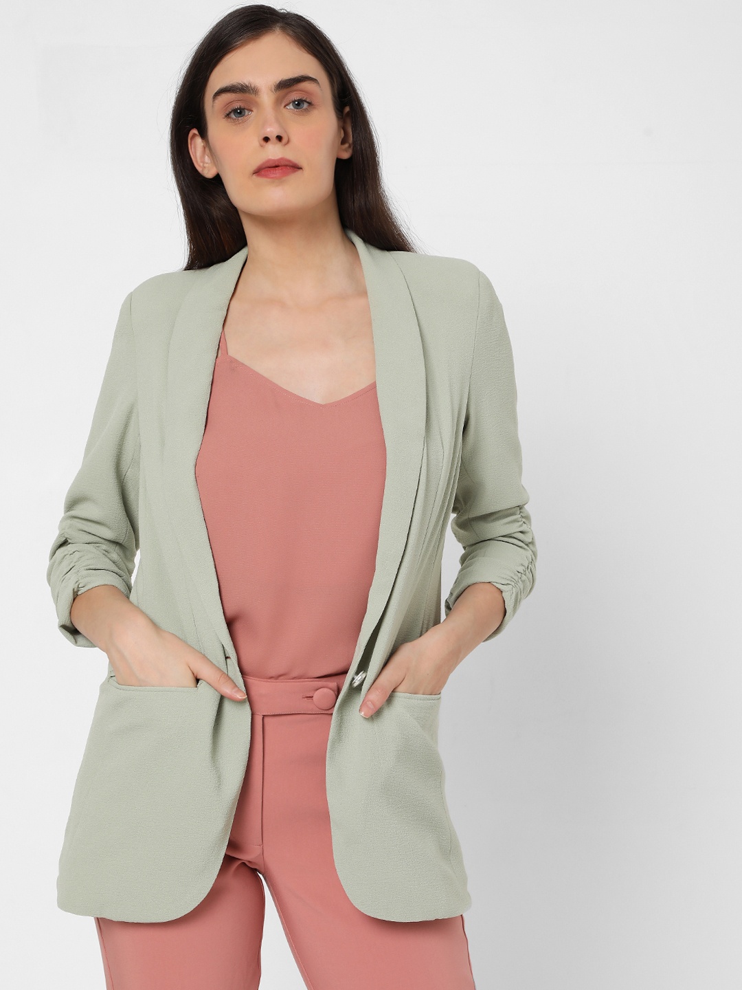 

Vero Moda Women Sea Green Solid Longline Single-Breasted Casual Blazer