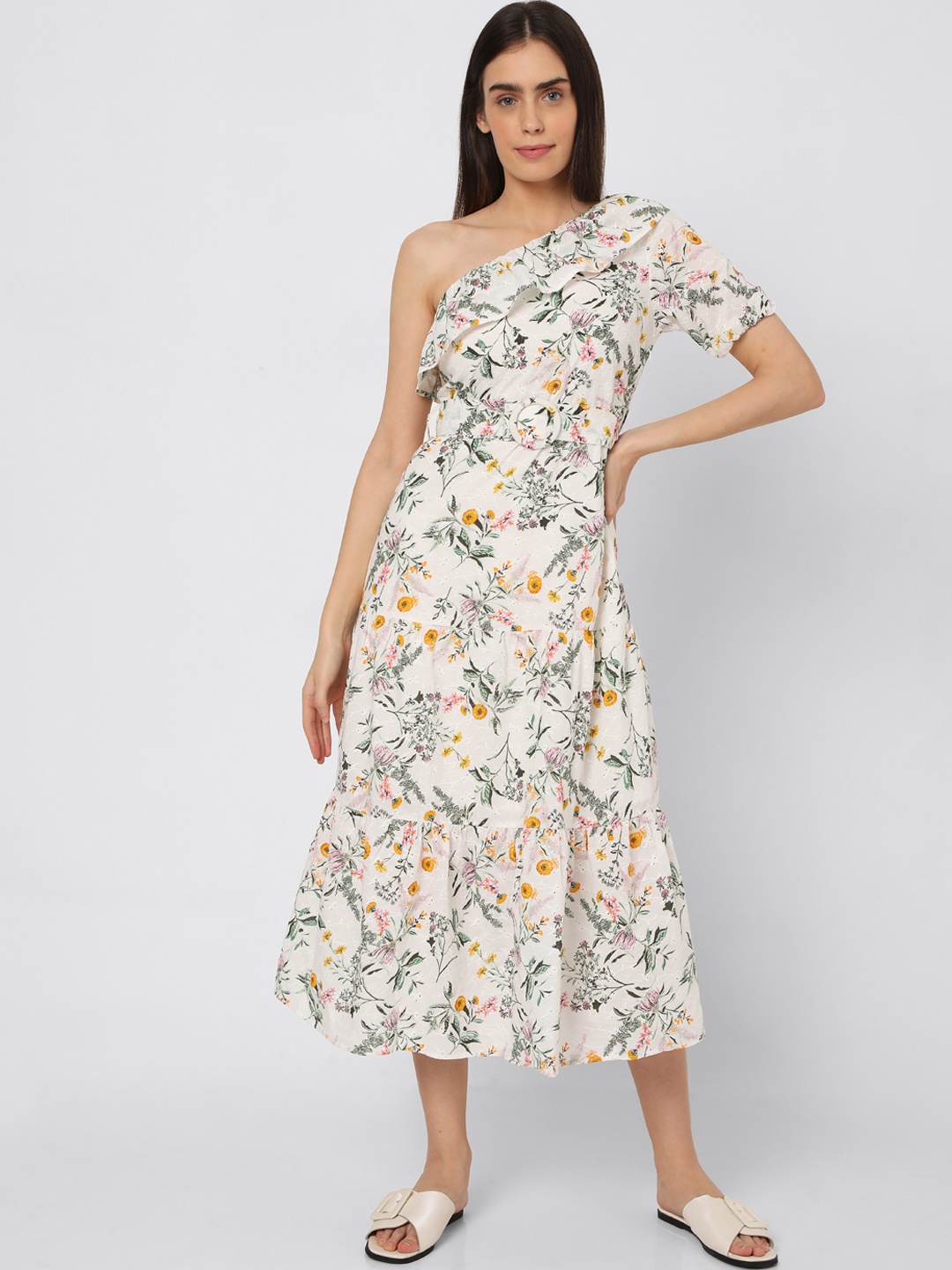 

Vero Moda Women White Floral Printed One Shoulder Midi Dress