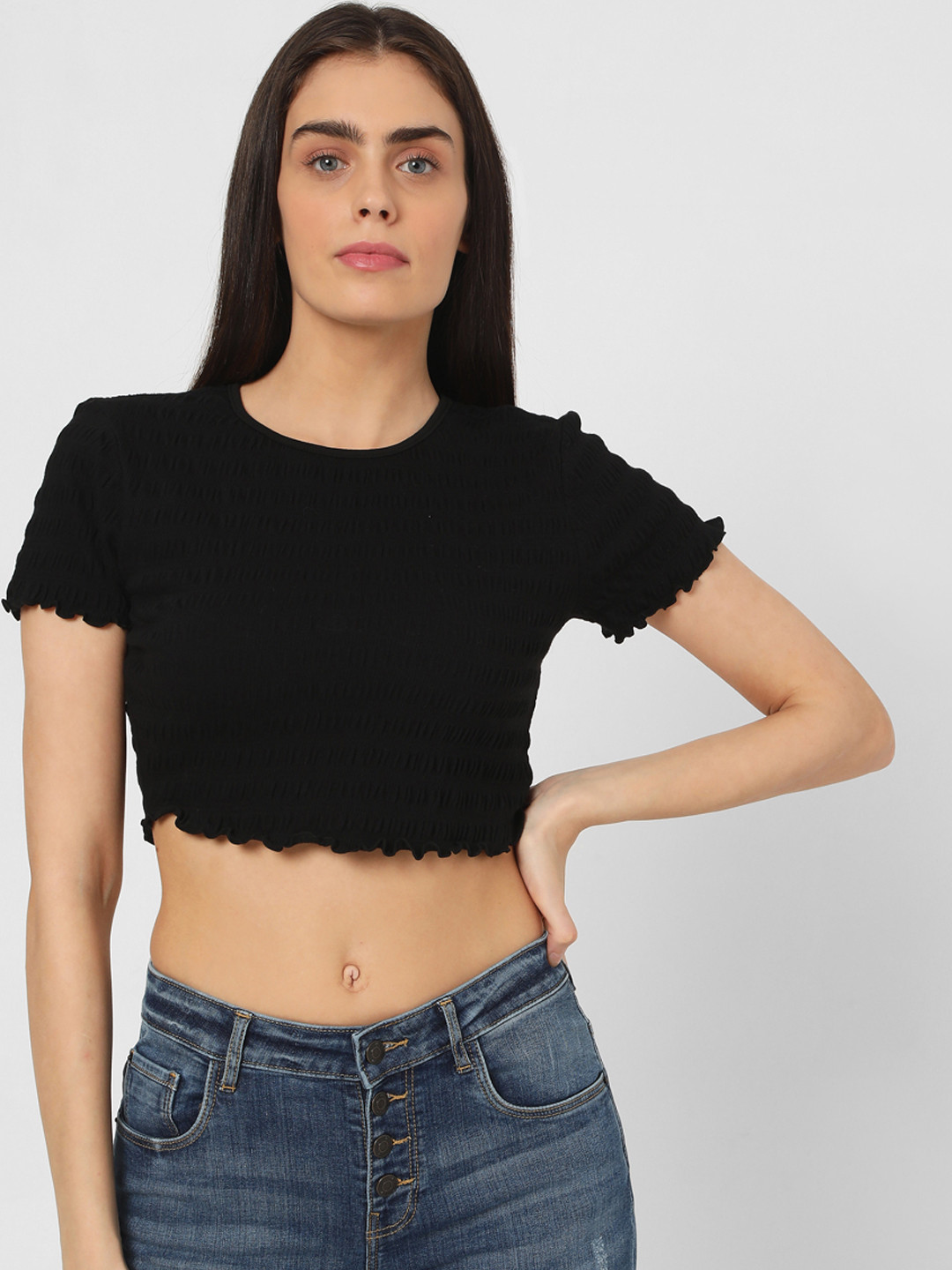 

Vero Moda Women Black Solid Smocked Regular Crop Top