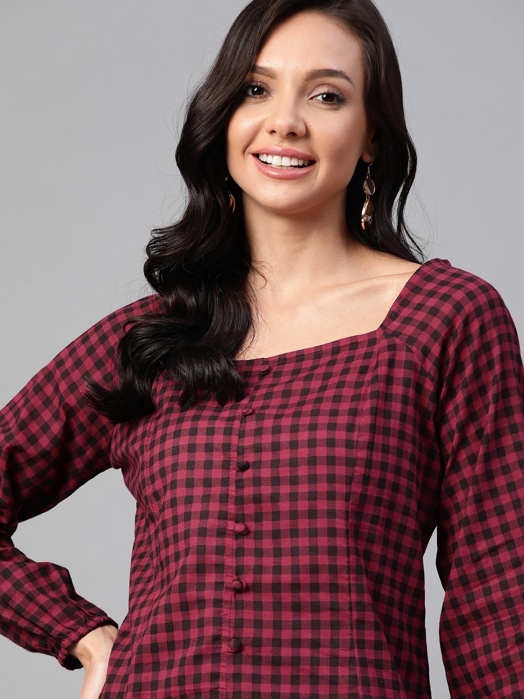 

HERE&NOW Magenta & Black Checked Cotton Puff Sleeve Regular Top