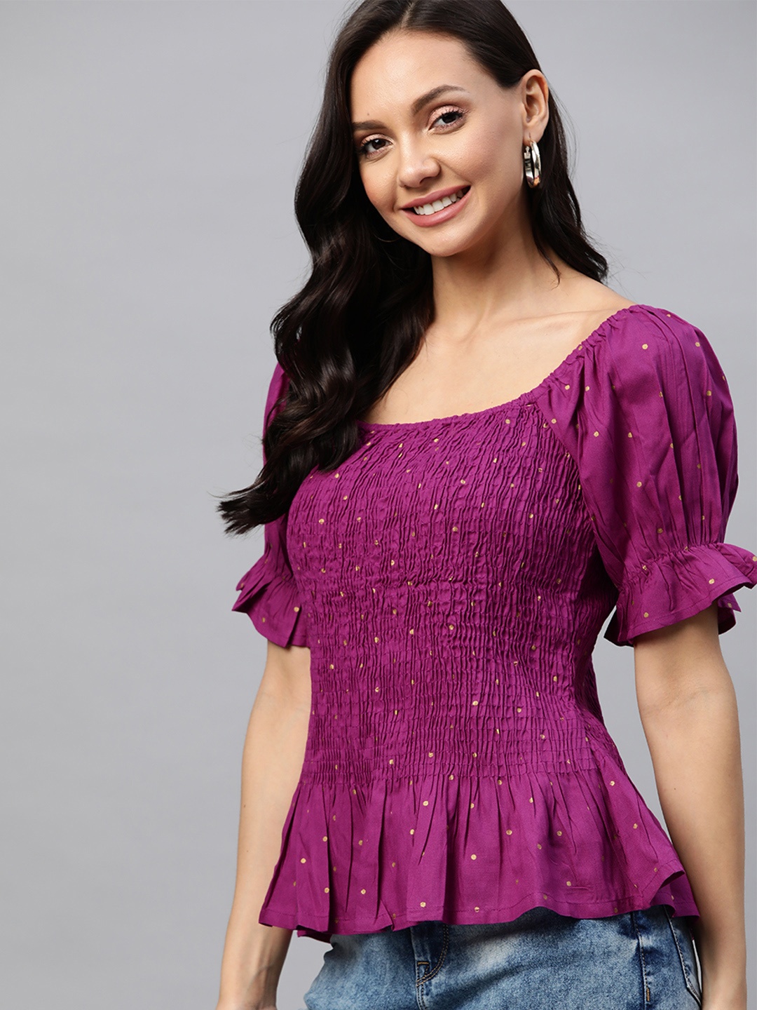 

HERE&NOW Purple & Yellow Puff Sleeve Smocked A-Line Top