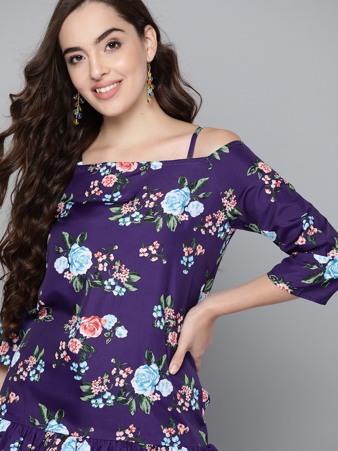 

HERE&NOW Purple & Green Floral Printed Regular Top